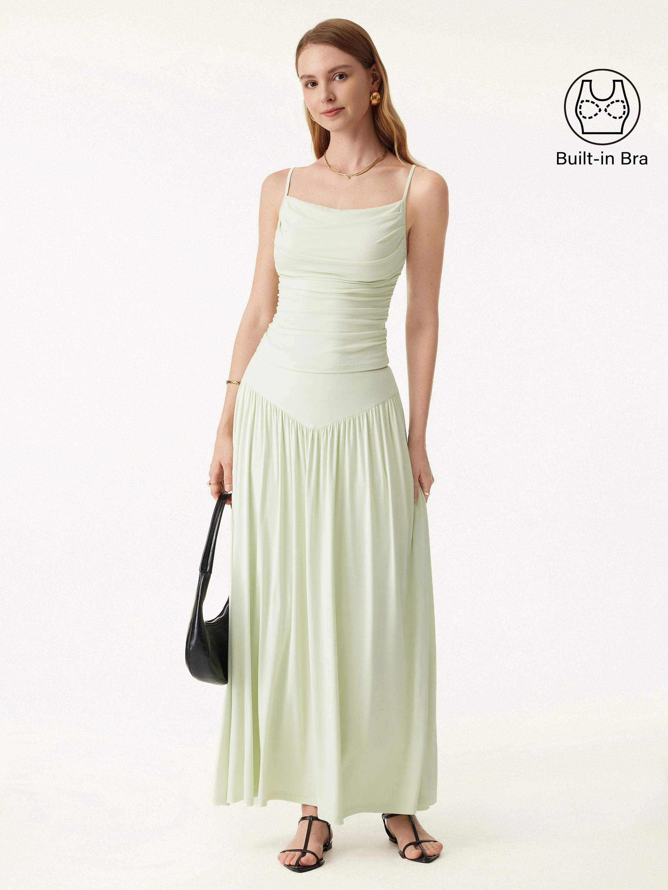 2Pcs Set Adjustable Spaghetti Straps Bra Top & V-shape Maxi Skirt with Pockets - Image 3