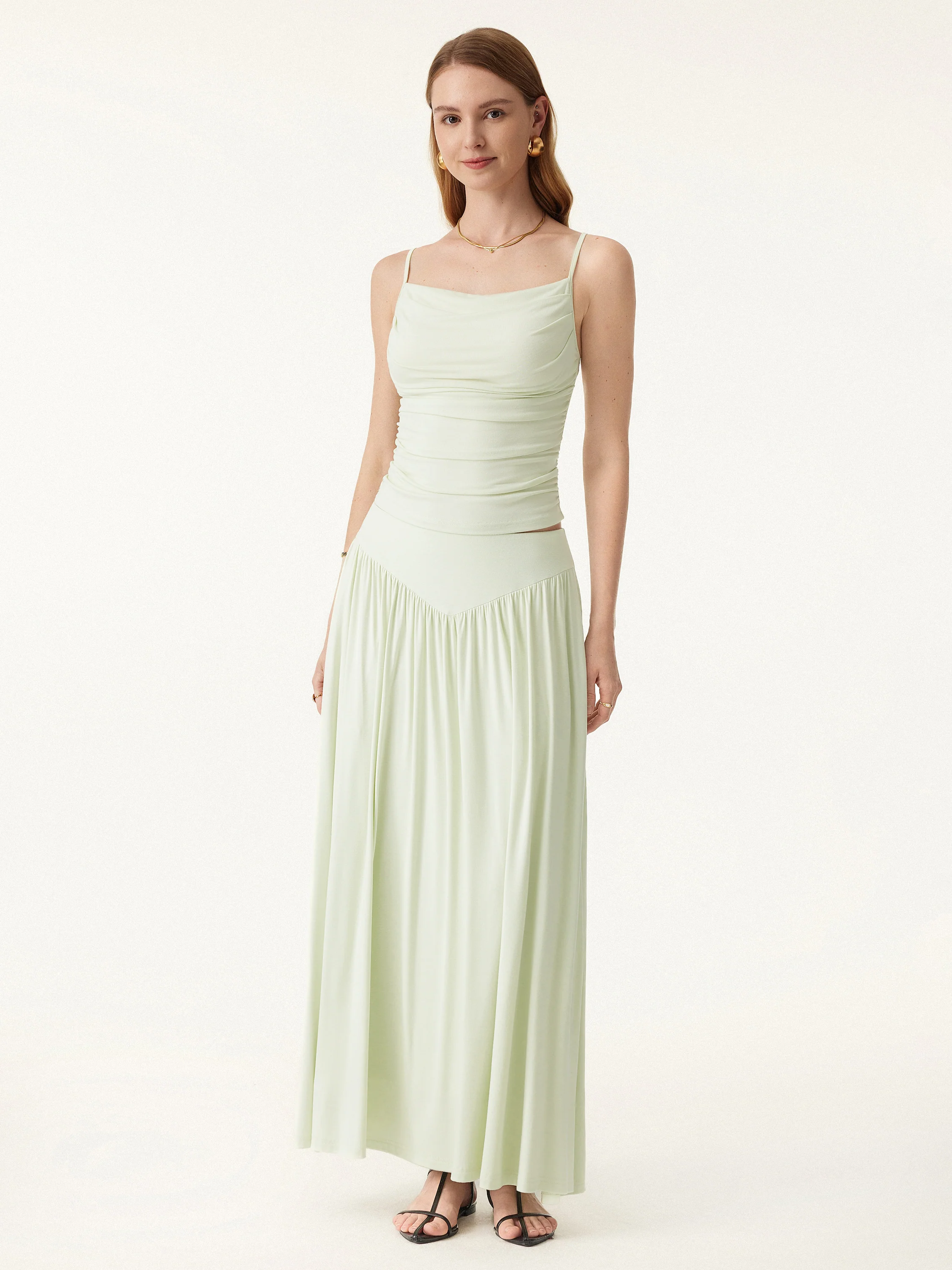2Pcs Set Adjustable Spaghetti Straps Bra Top & V-shape Maxi Skirt with Pockets - Image 4