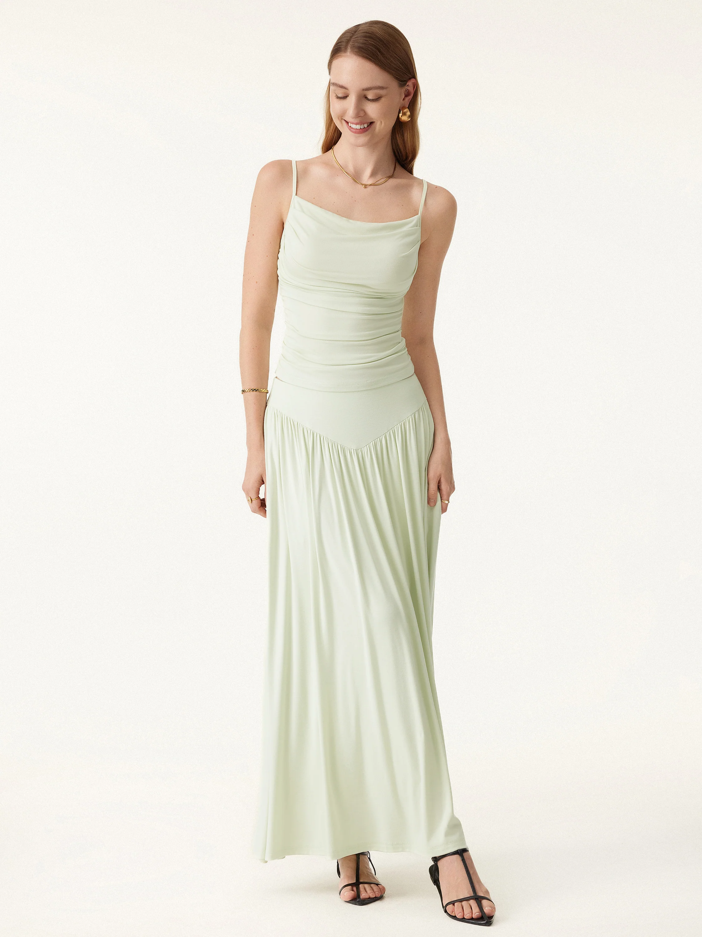 2Pcs Set Adjustable Spaghetti Straps Bra Top & V-shape Maxi Skirt with Pockets - Image 5