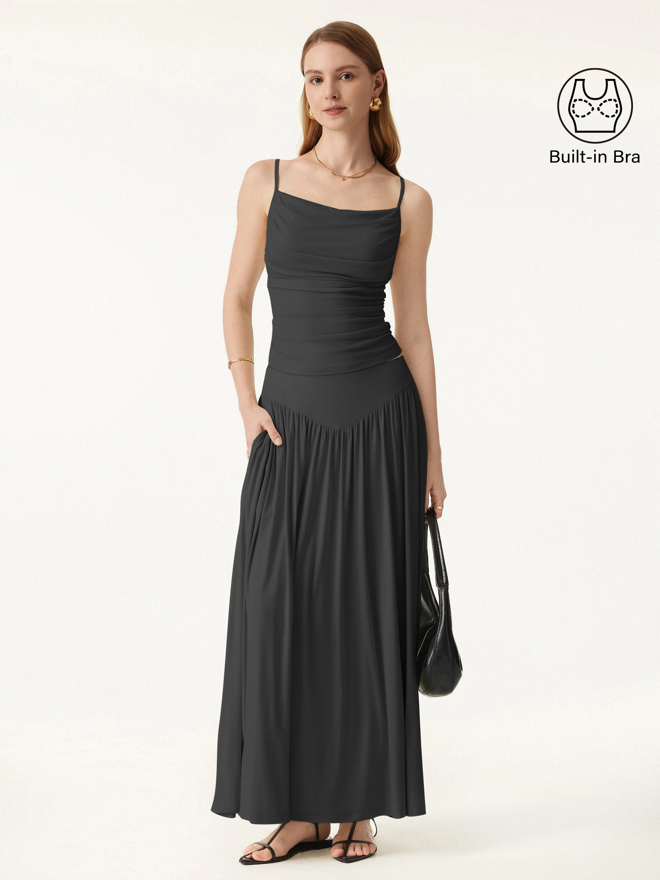 2Pcs Set Adjustable Spaghetti Straps Bra Top & V-shape Maxi Skirt with Pockets - Image 9