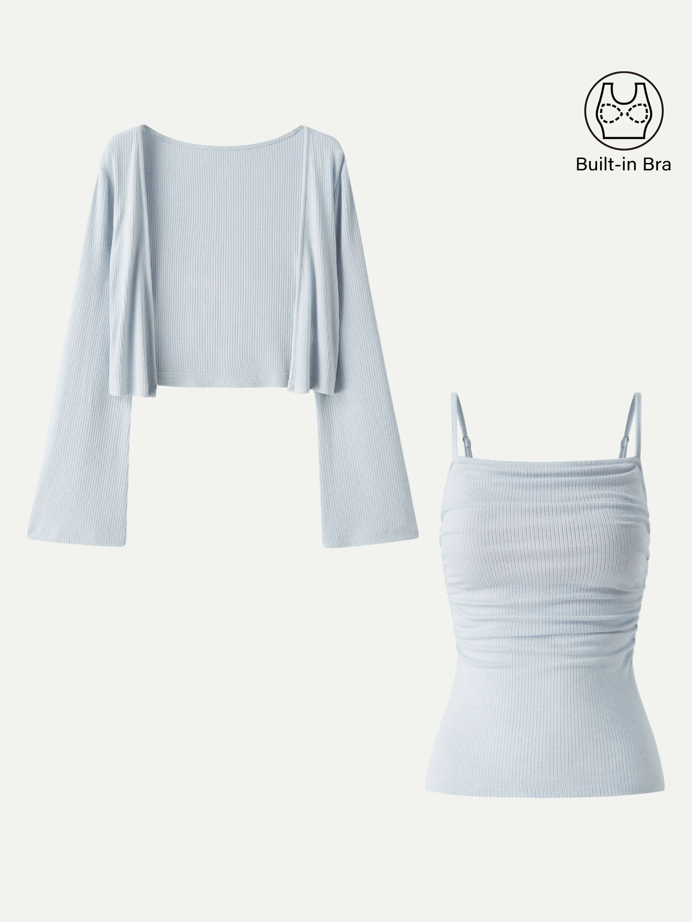 2Pcs Set Bell Sleeve Cardigan & Adjustable Spaghetti Bra Tank - Image 3