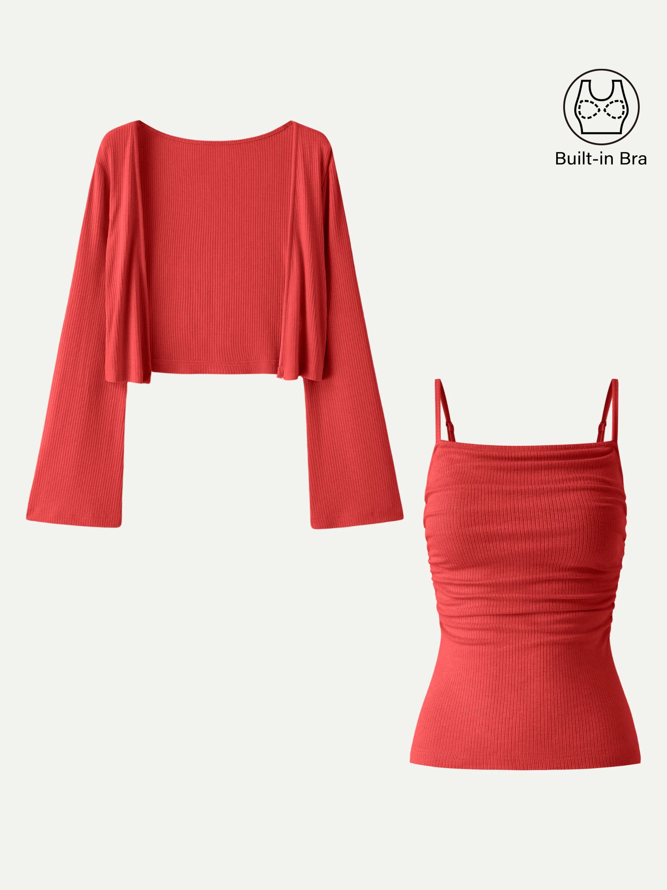 2Pcs Set Bell Sleeve Cardigan & Adjustable Spaghetti Bra Tank - Image 6