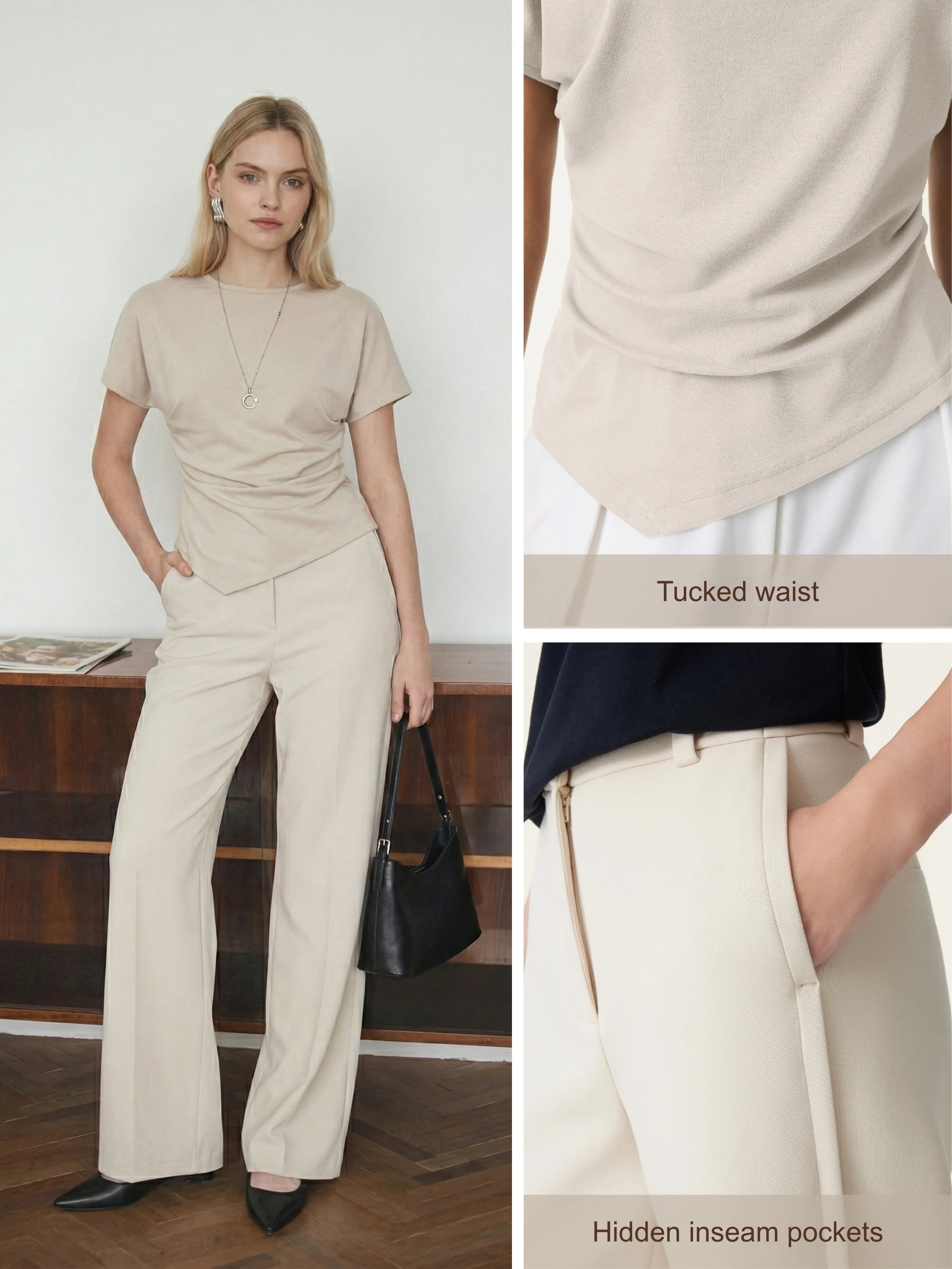 2Pcs Set Boatneck Angled Tee & Mid Rise Wide Leg Trousers - Image 2