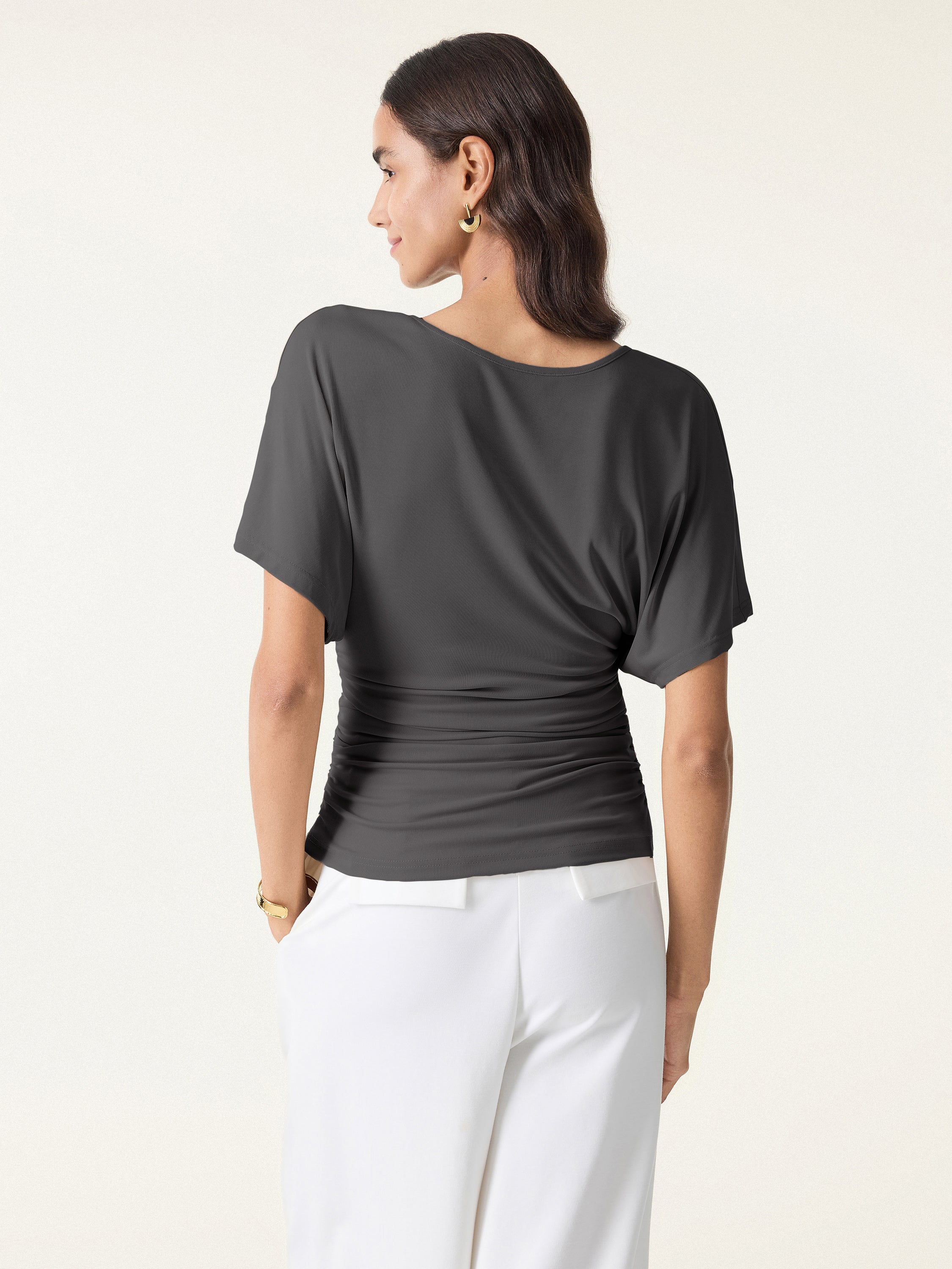 Effortless Boatneck Batwing Sleeve Side Ruched Top - Image 10