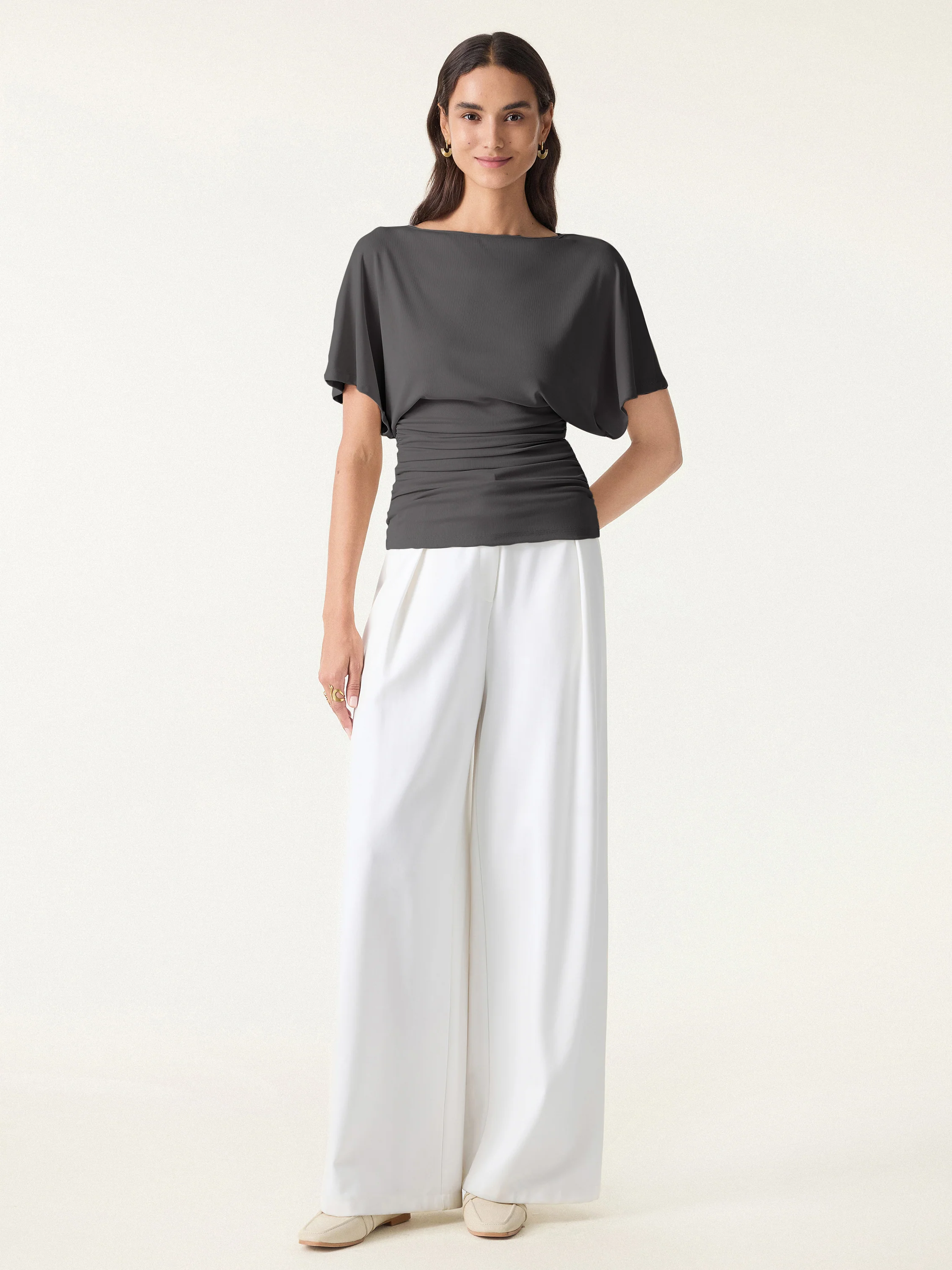 Effortless Boatneck Batwing Sleeve Side Ruched Top - Image 8