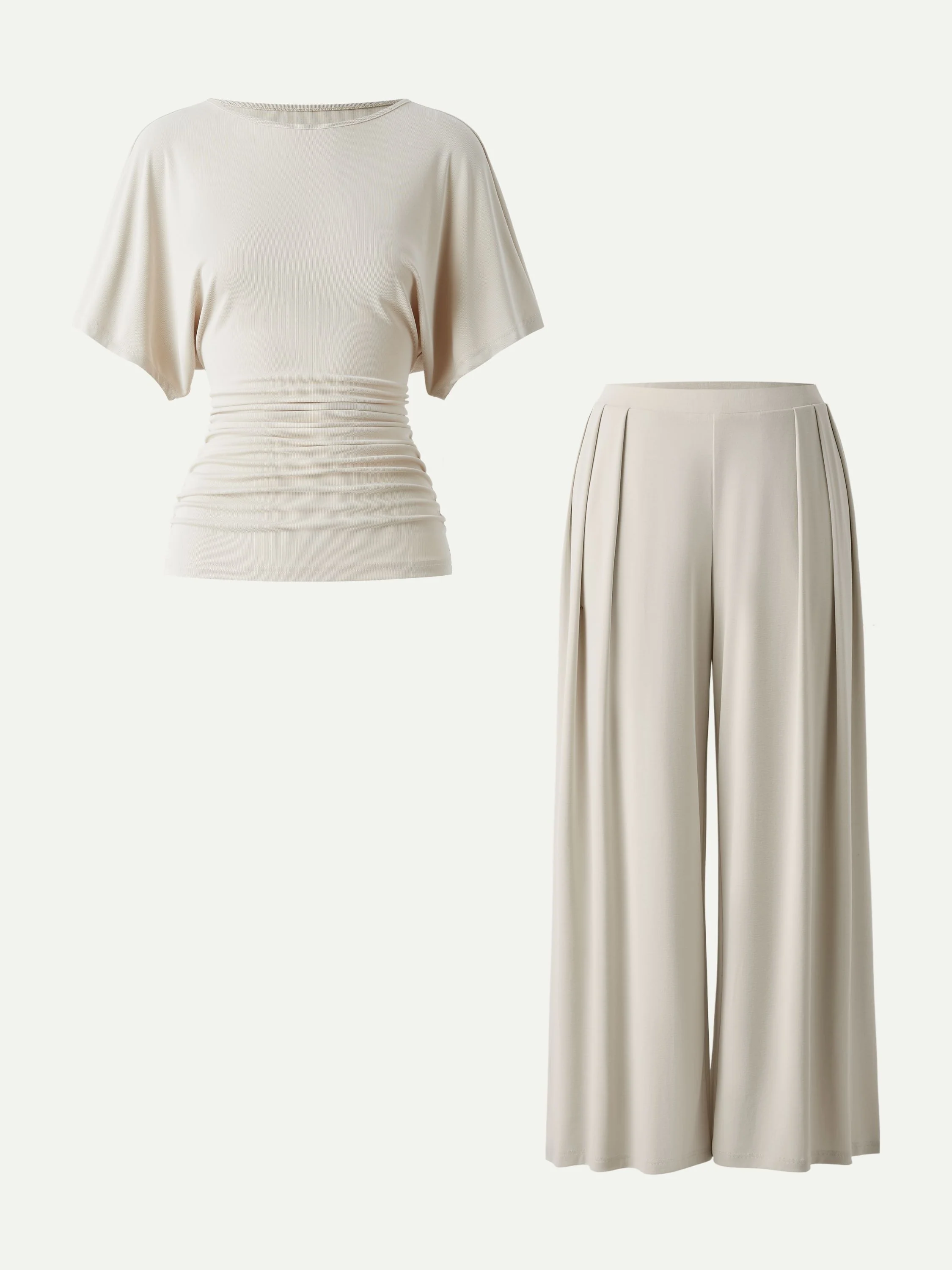 2Pcs Set Boatneck Batwing Sleeve Top & Wide Leg Palazzo Pants with Pockets - Image 2
