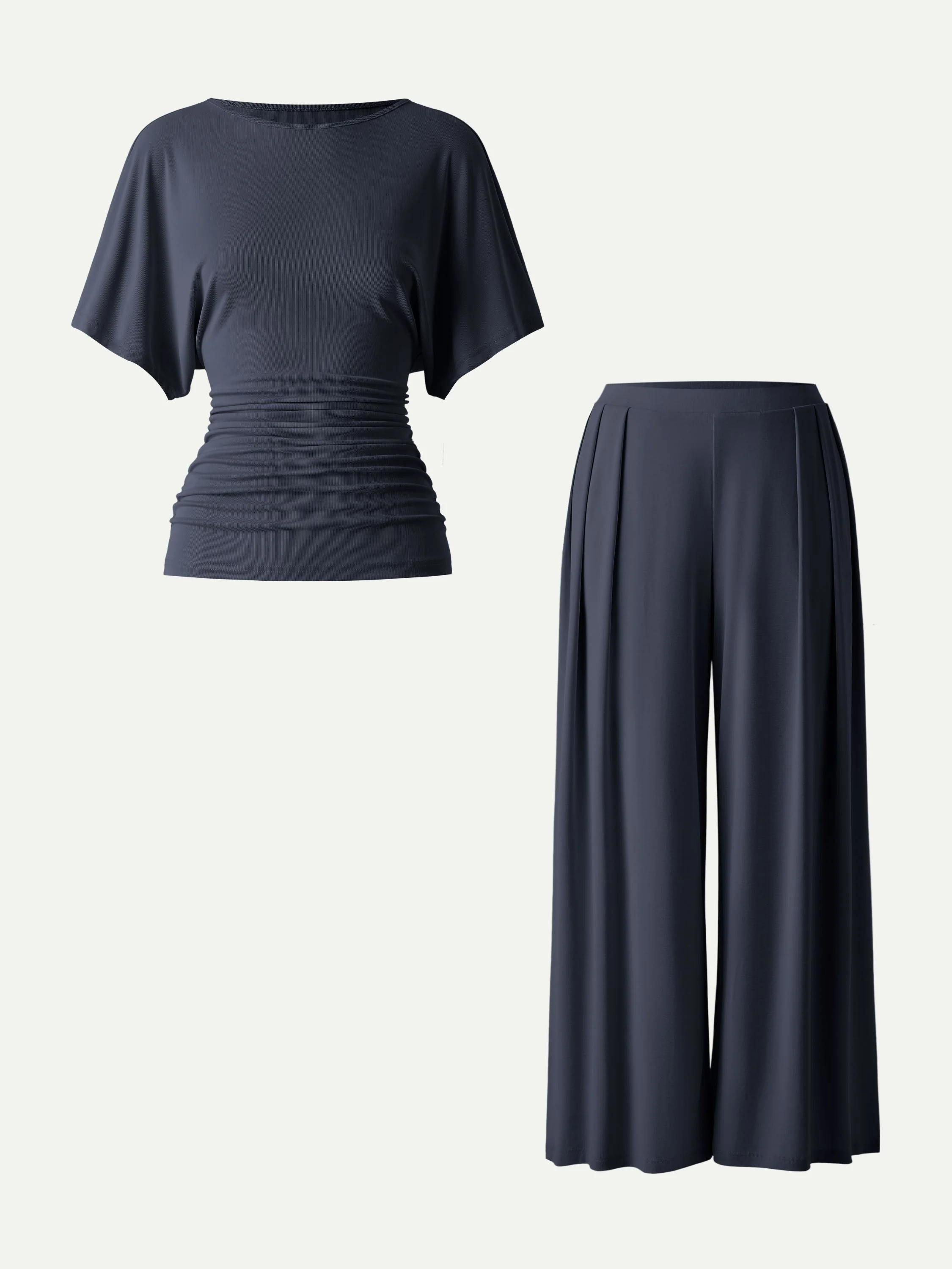 2Pcs Set Boatneck Batwing Sleeve Top & Wide Leg Palazzo Pants with Pockets - Image 3