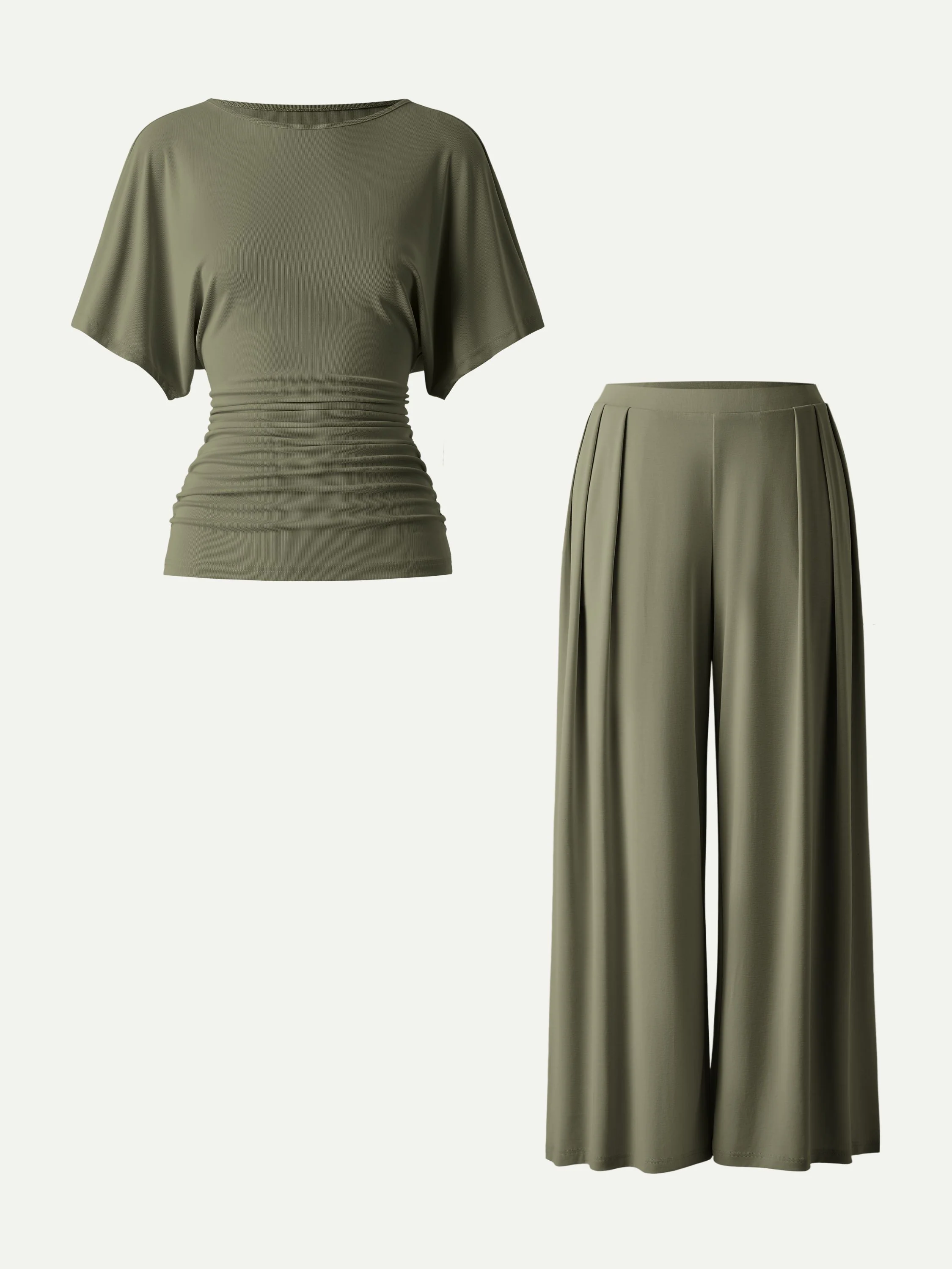 2Pcs Set Boatneck Batwing Sleeve Top & Wide Leg Palazzo Pants with Pockets - Image 4