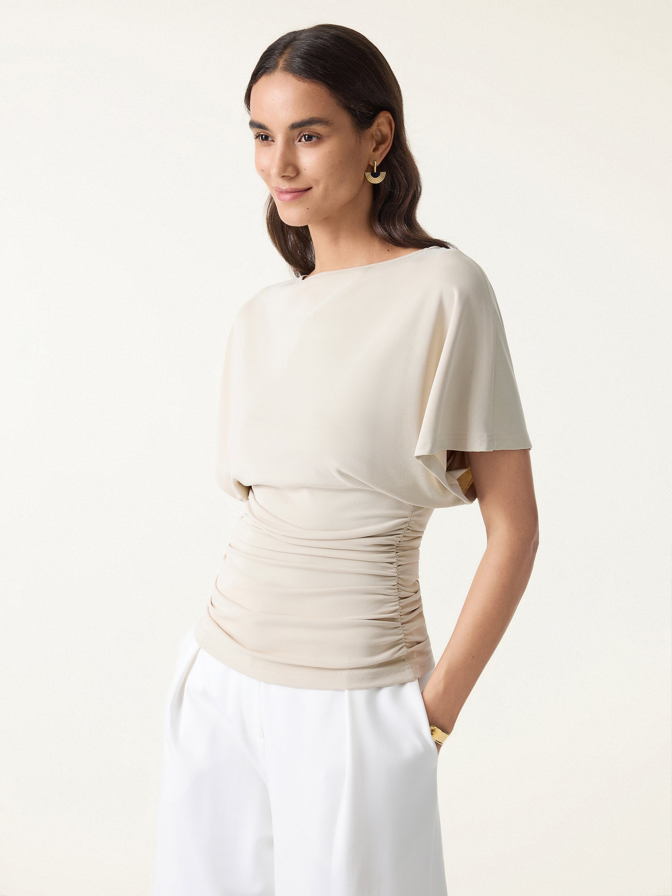 Effortless Boatneck Batwing Sleeve Side Ruched Top - Image 5