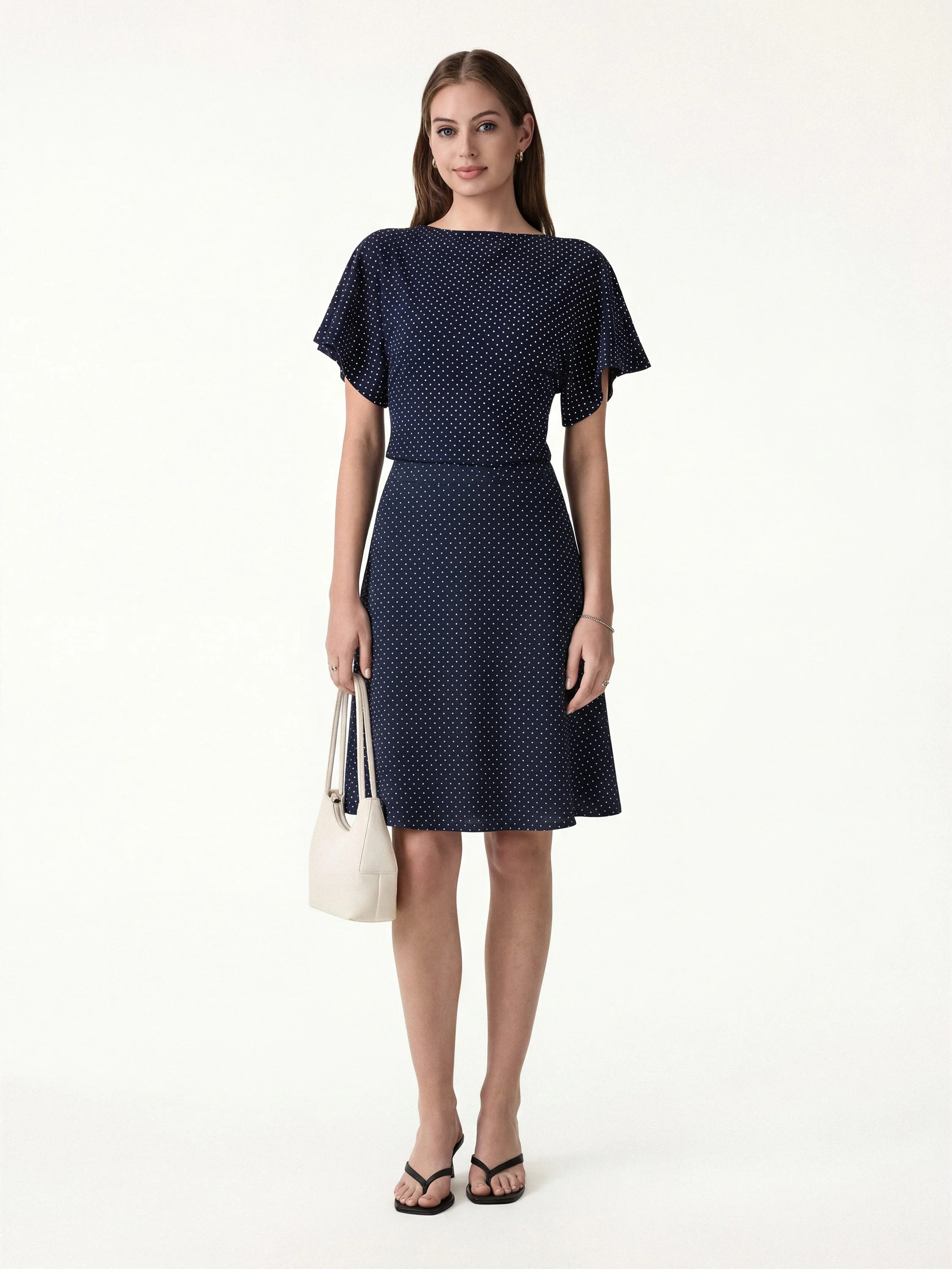 2Pcs Set Boatneck Flutter Sleeves Polka Dot Top & A-Line Flare Skirt Limited Edition