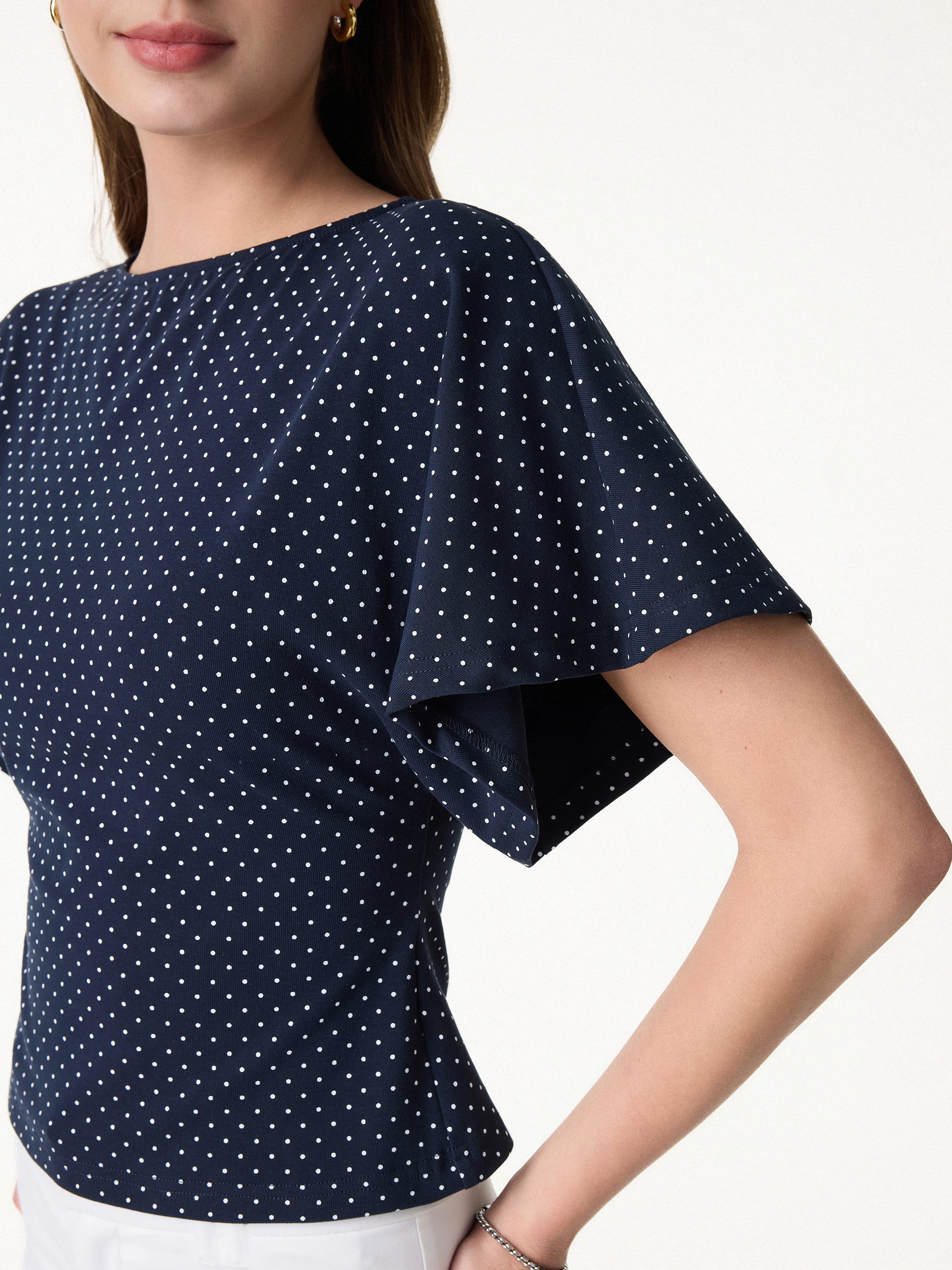 Soft Stretch Cotton Boatneck Flutter Sleeves Polka Dot Top Limited Edition - Image 4