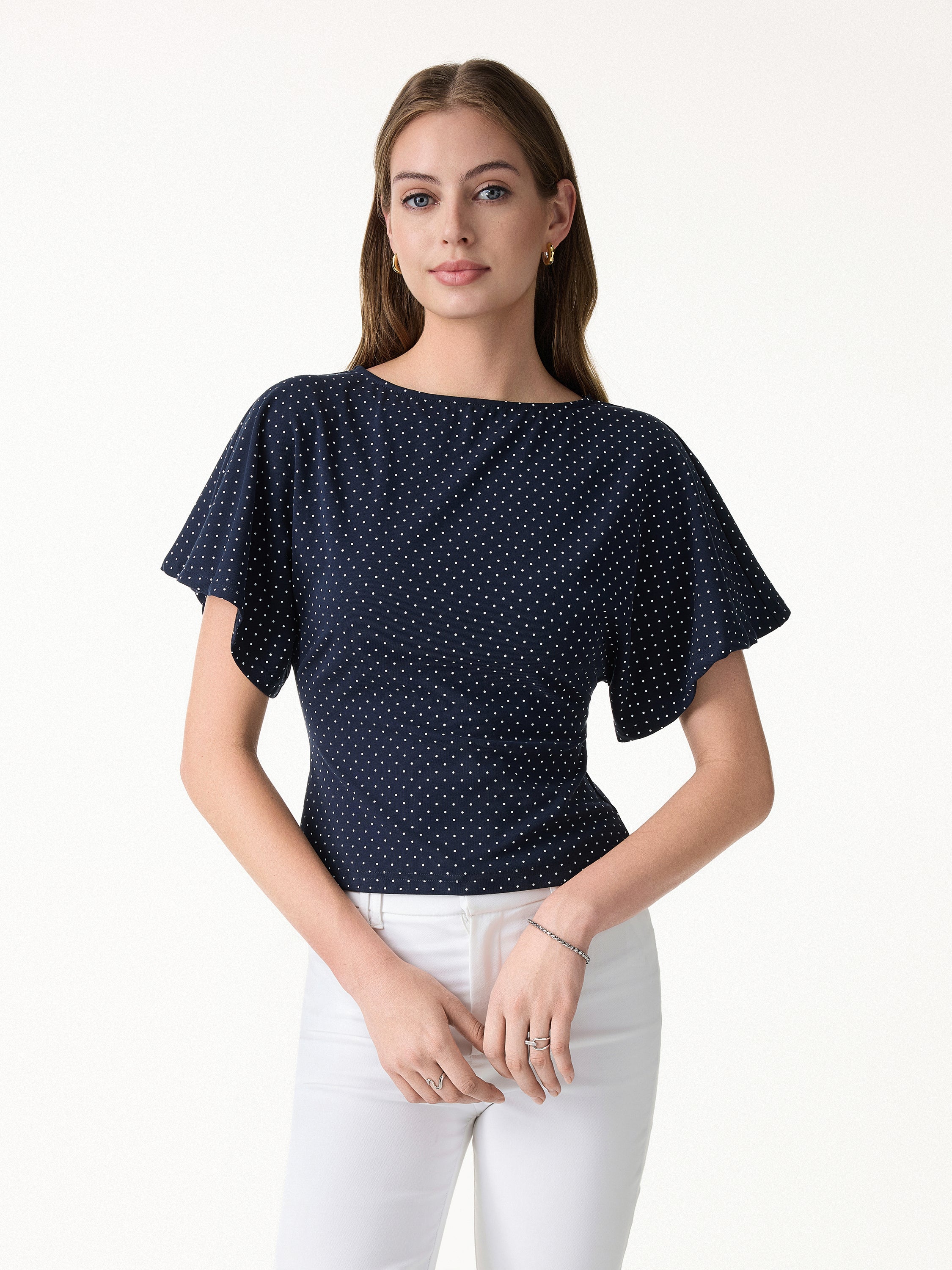 Soft Stretch Cotton Boatneck Flutter Sleeves Polka Dot Top Limited Edition - Image 2