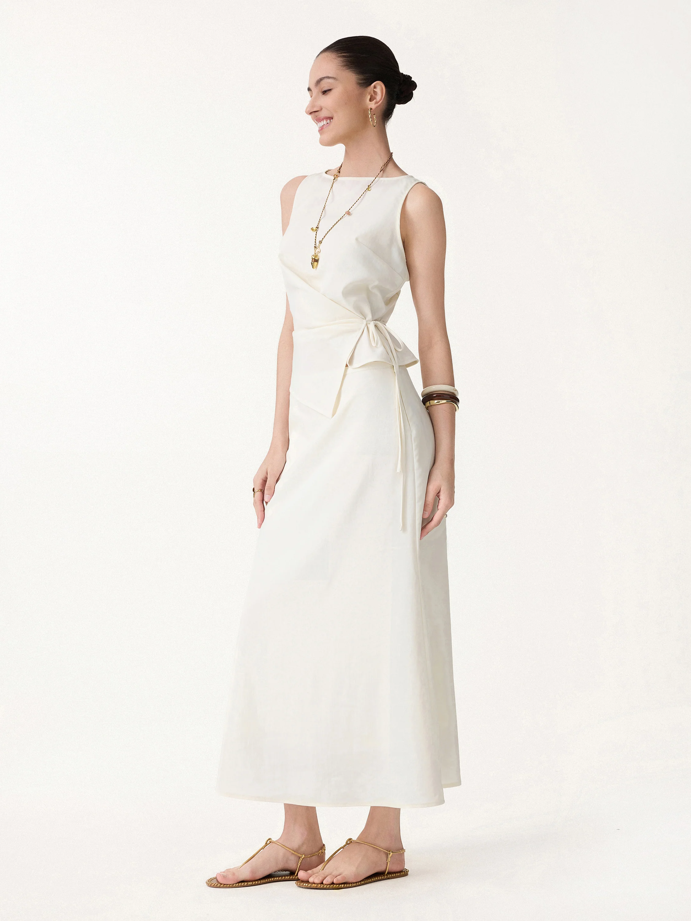 2Pcs Set Boatneck Waist-Defined Top & Maxi Flared Pull-On Skirt - Image 2