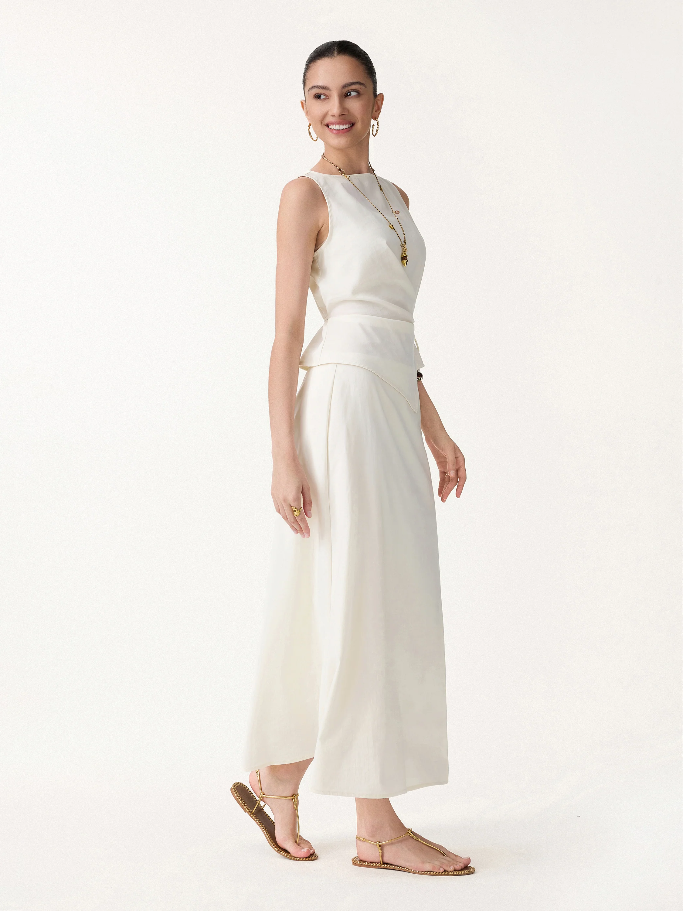 2Pcs Set Boatneck Waist-Defined Top & Maxi Flared Pull-On Skirt - Image 3