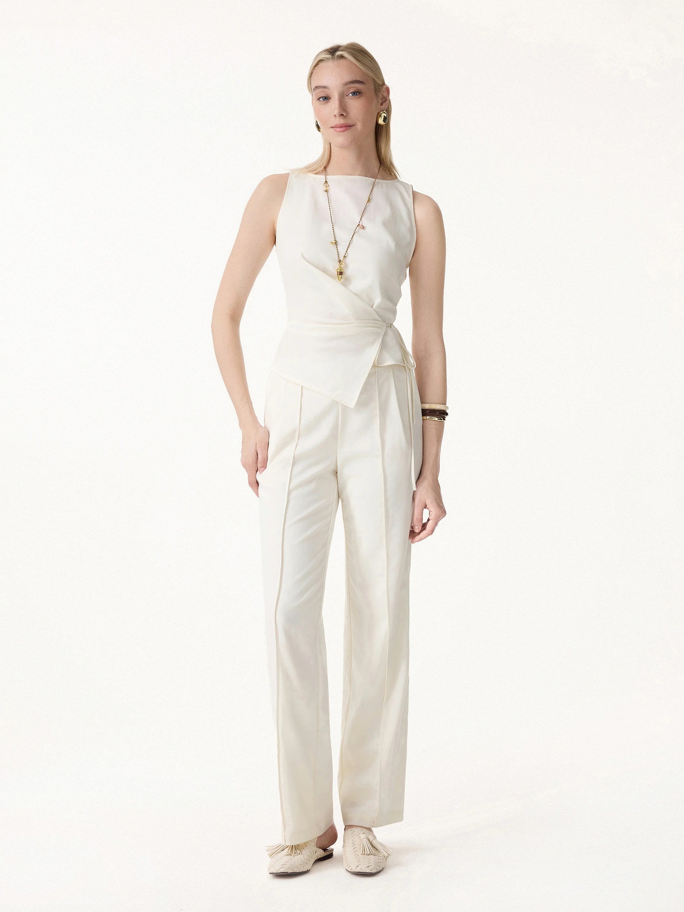 2Pcs Set Boatneck Waist-Defined Top & Pintuck Wide Leg Pants