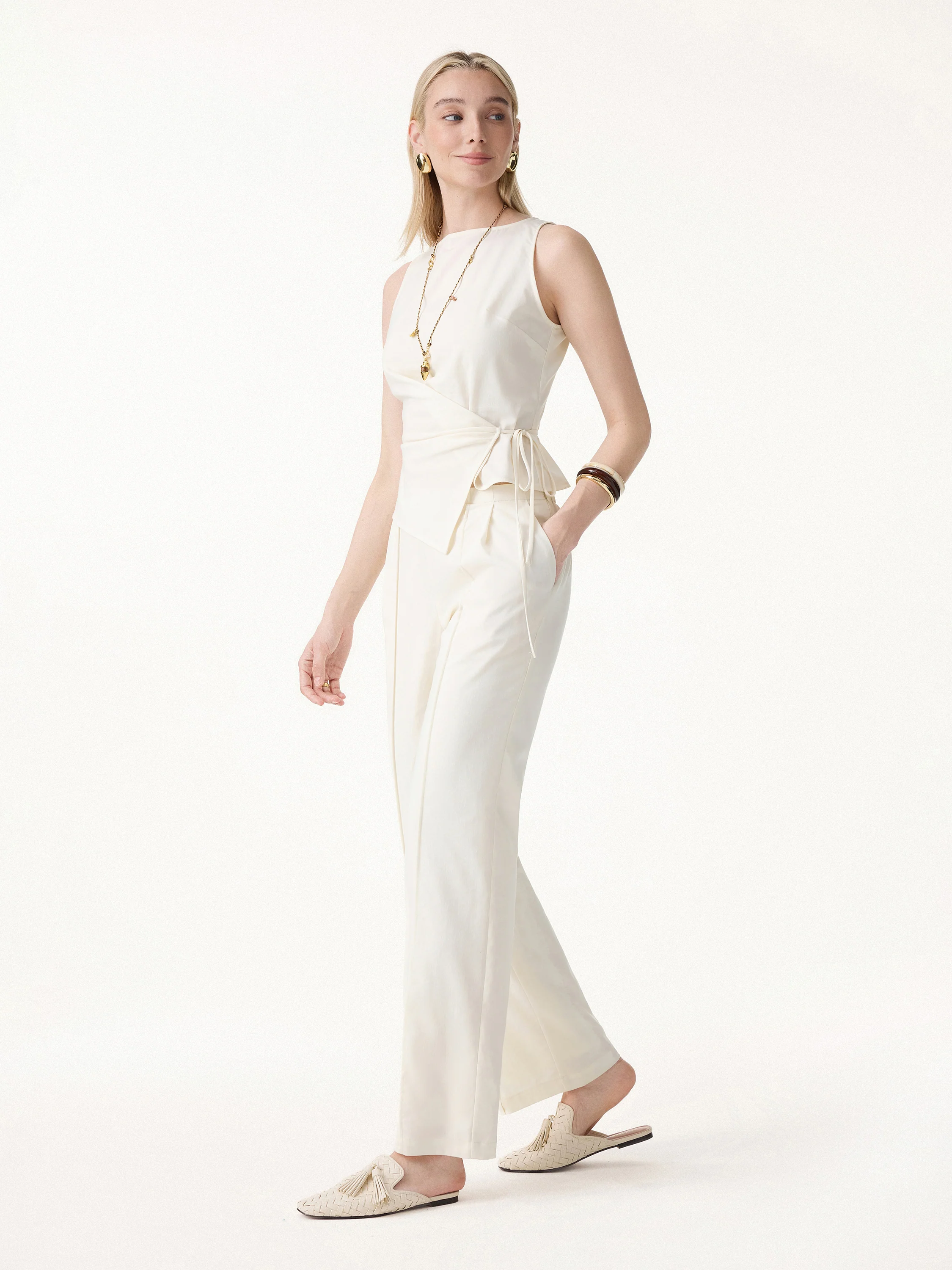 2Pcs Set Boatneck Waist-Defined Top & Pintuck Wide Leg Pants - Image 2