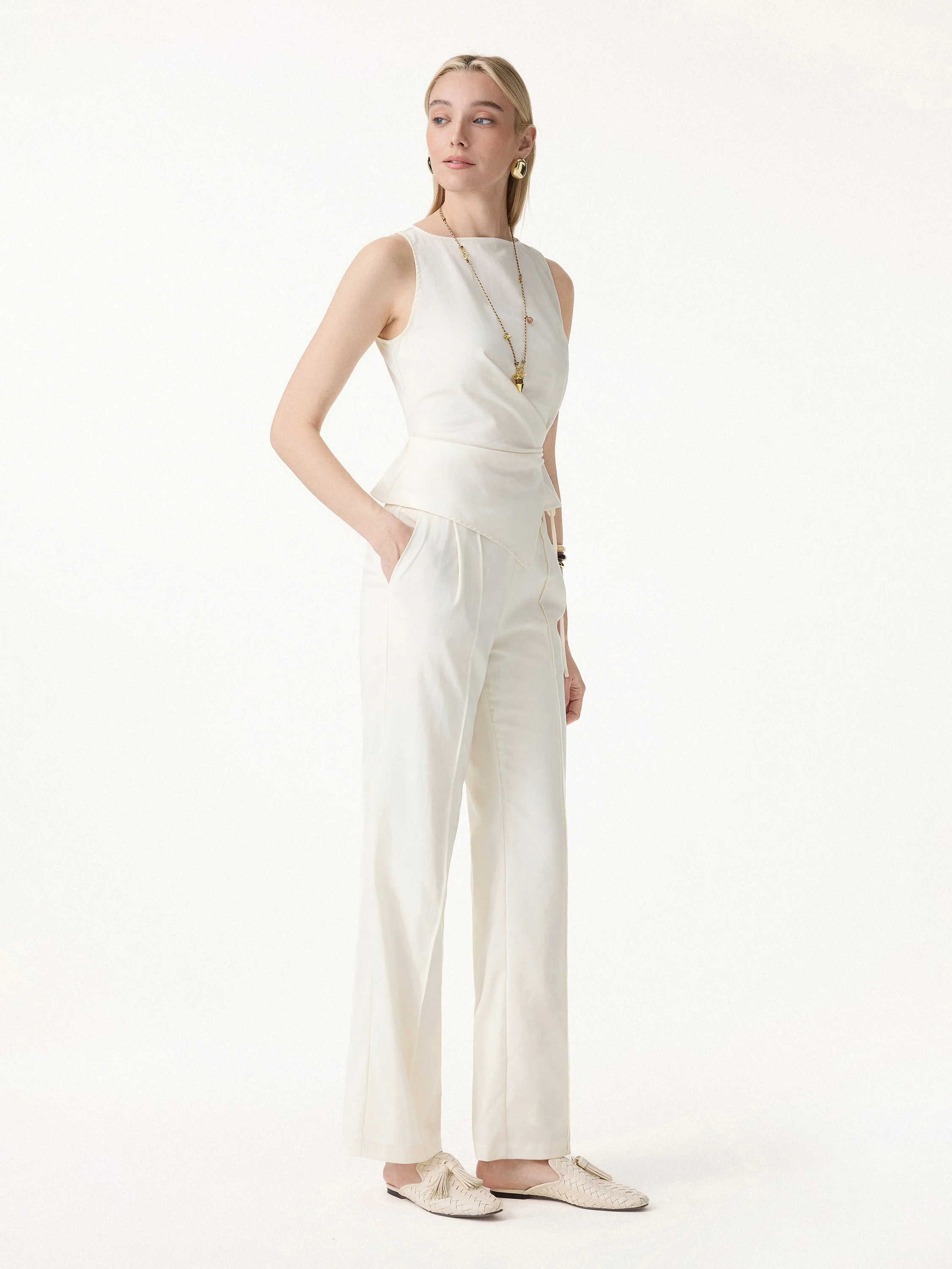 2Pcs Set Boatneck Waist-Defined Top & Pintuck Wide Leg Pants - Image 3