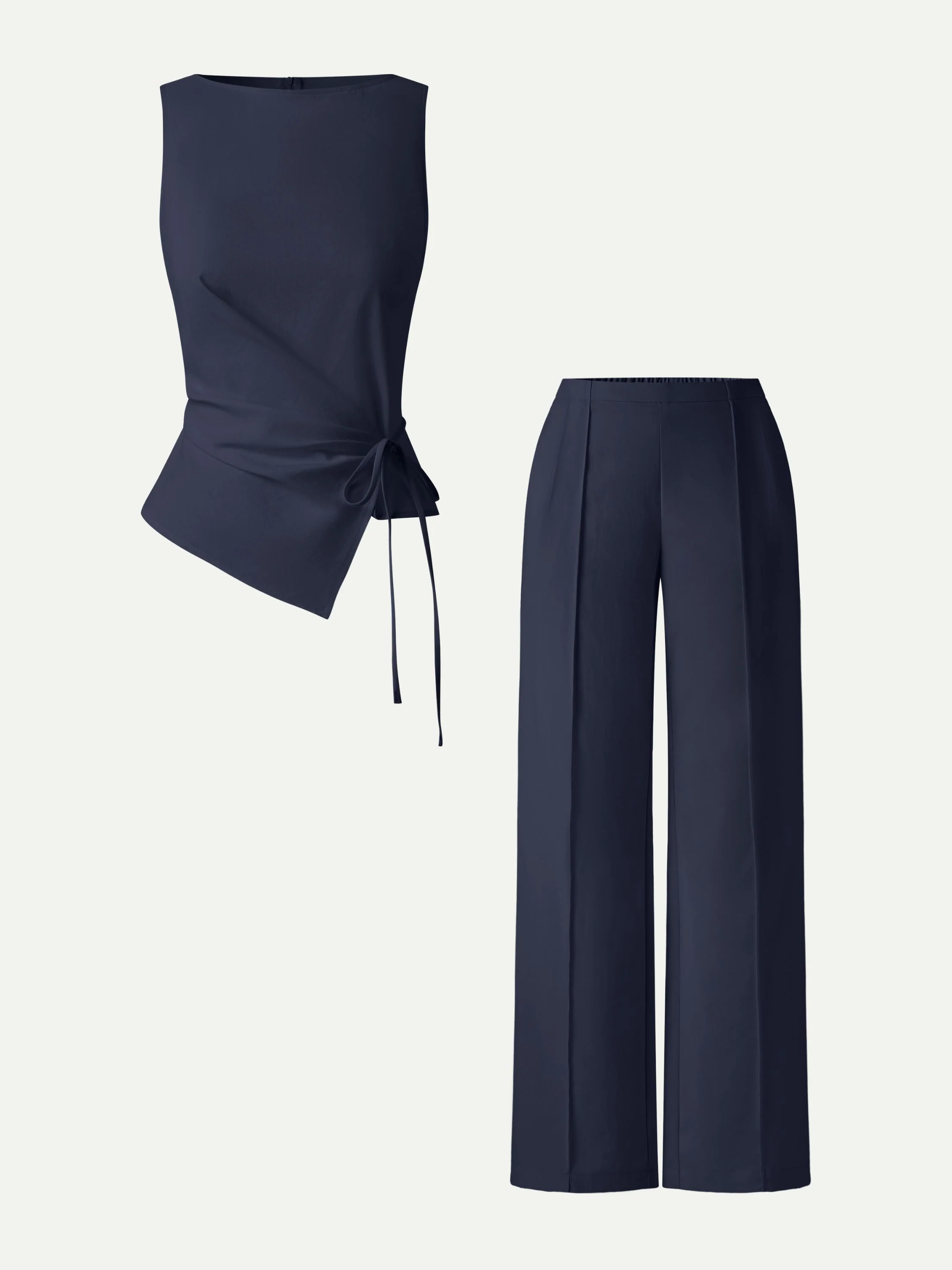 2Pcs Set Boatneck Waist-Defined Top & Pintuck Wide Leg Pants - Image 5