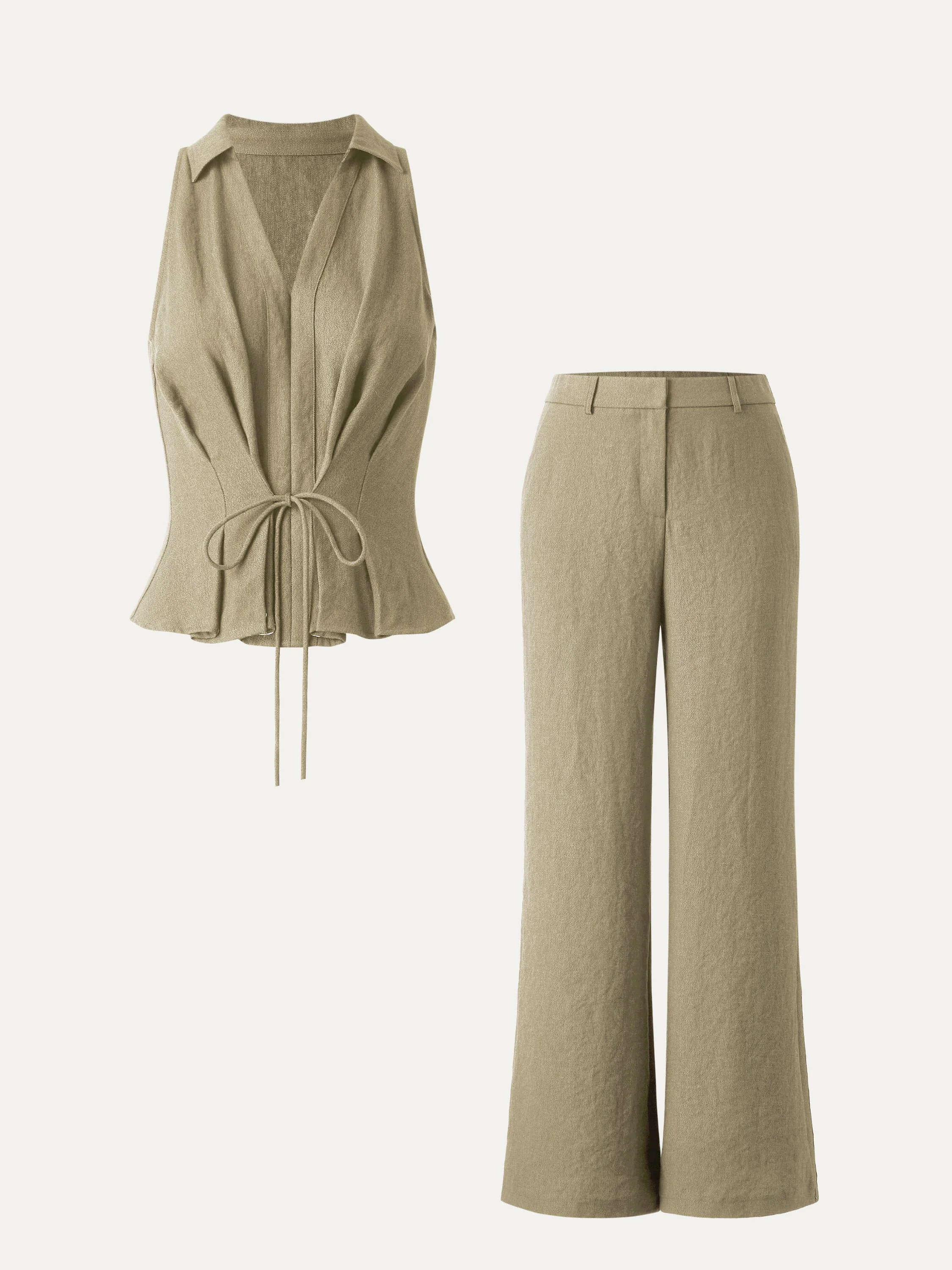 2Pcs Set Collared V-neck Sleeveless Top & Mid Rise Flared Pant with Pockets - Image 10