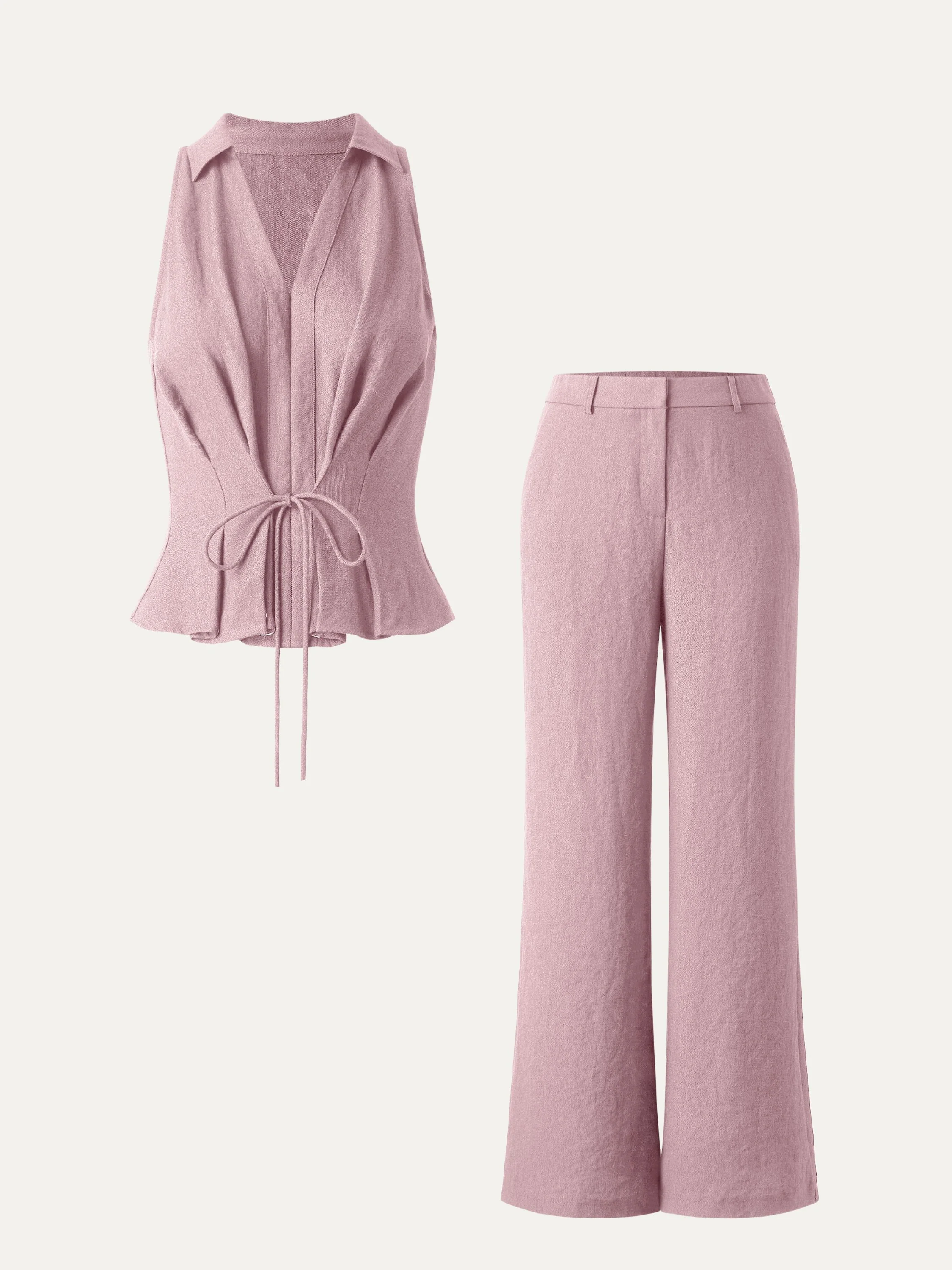 2Pcs Set Collared V-neck Sleeveless Top & Mid Rise Flared Pant with Pockets - Image 11