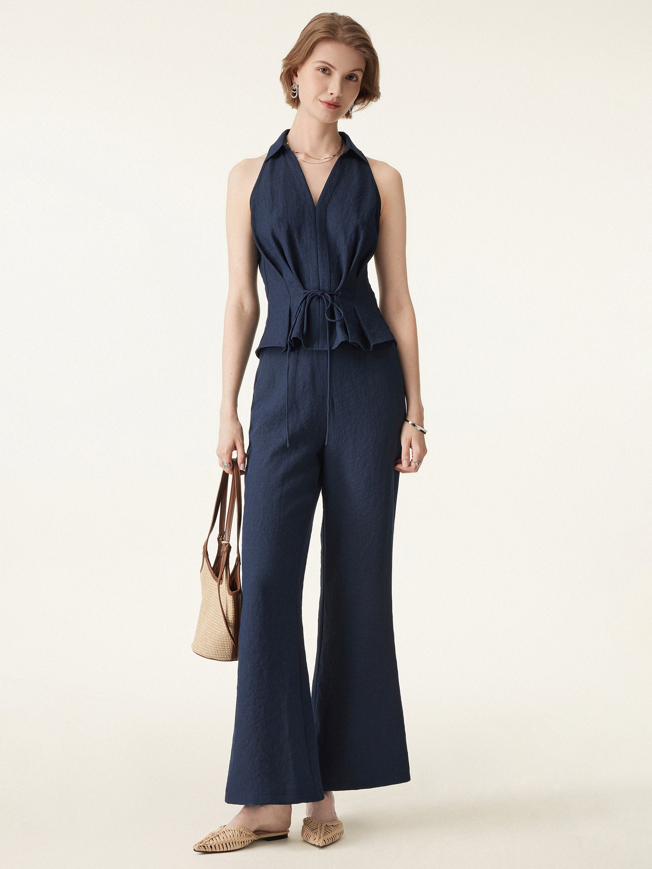 2Pcs Set Collared V-neck Sleeveless Top & Mid Rise Flared Pant with Pockets - Image 4