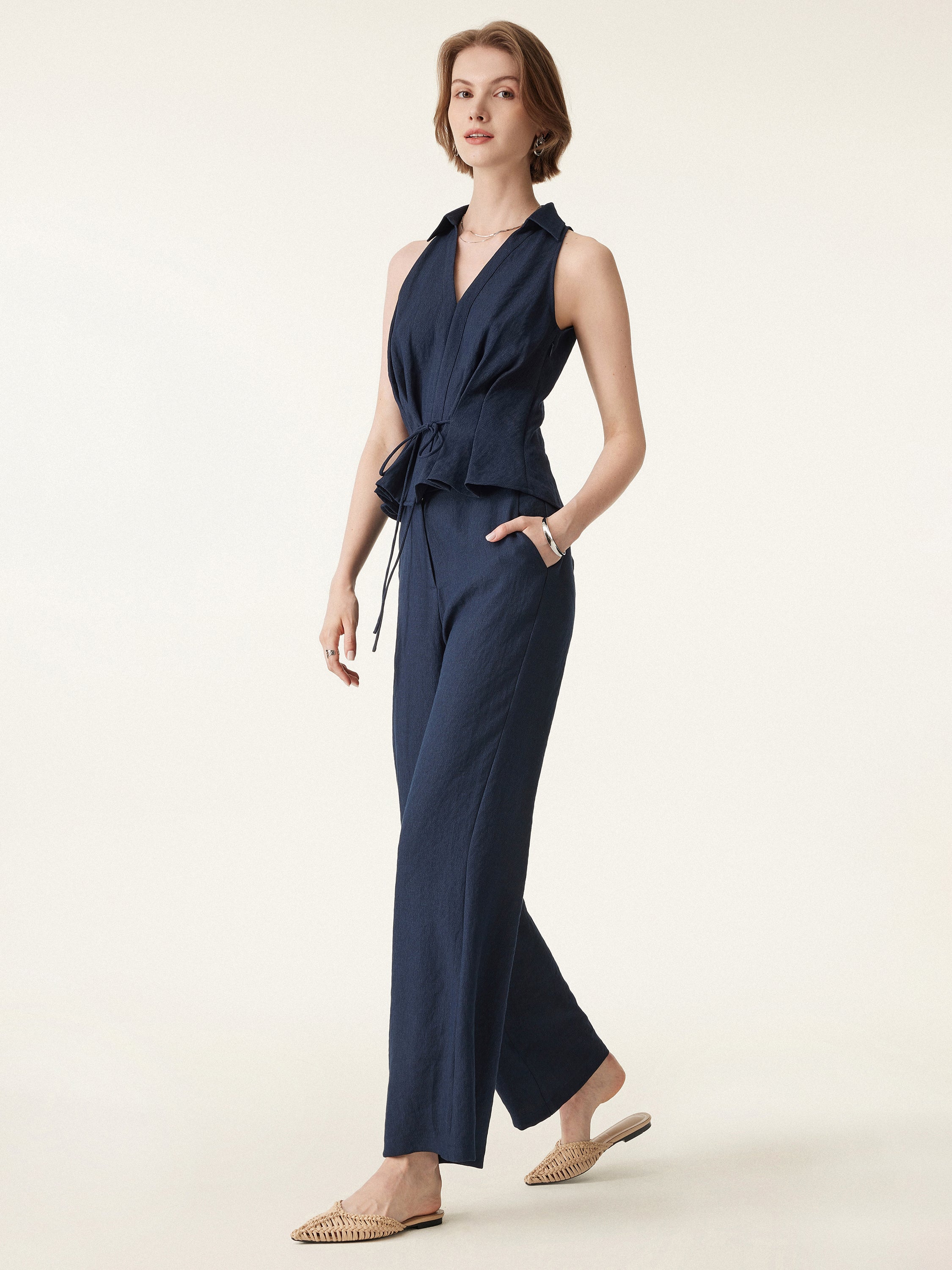2Pcs Set Collared V-neck Sleeveless Top & Mid Rise Flared Pant with Pockets - Image 6