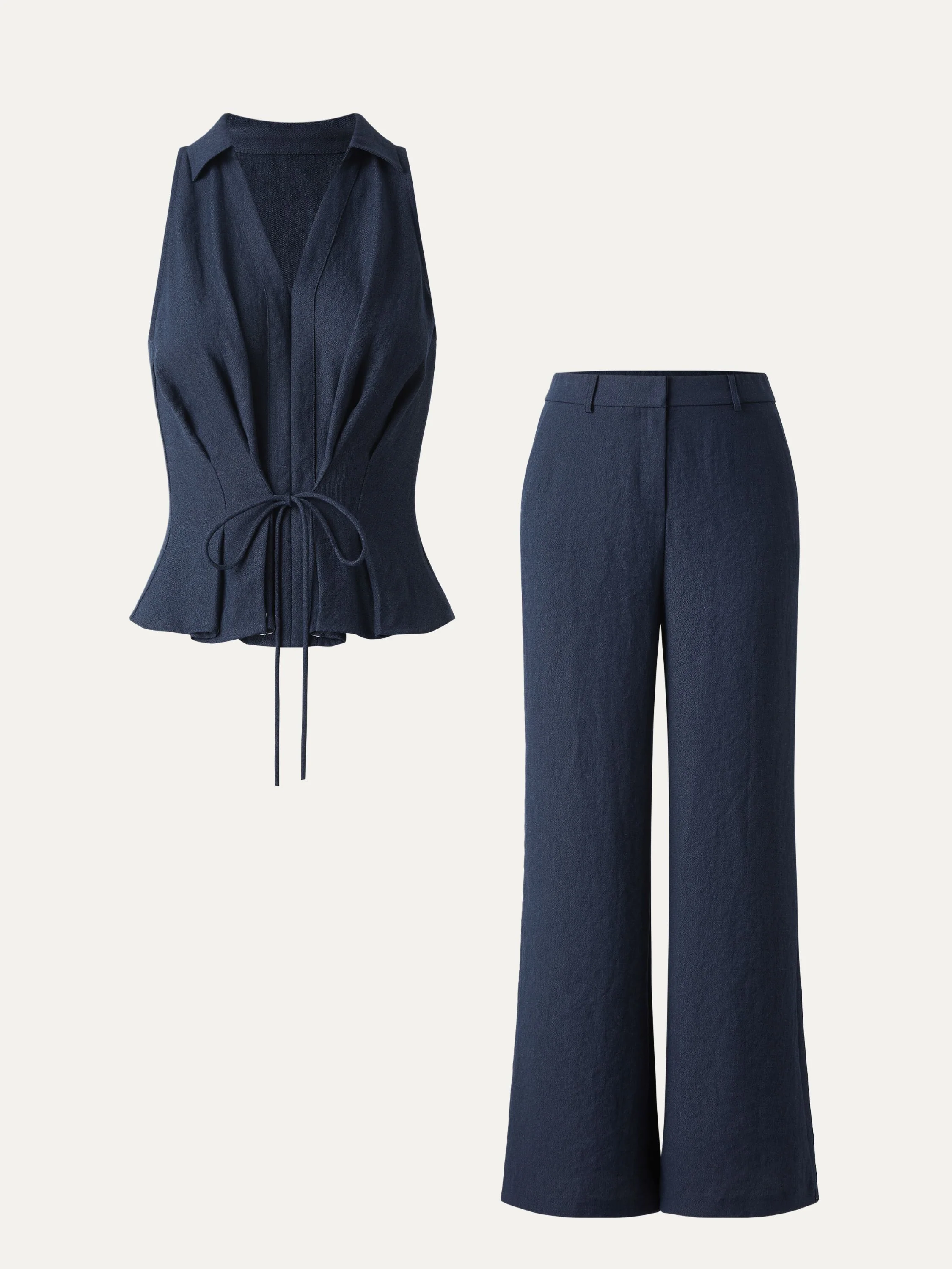 2Pcs Set Collared V-neck Sleeveless Top & Mid Rise Flared Pant with Pockets - Image 7