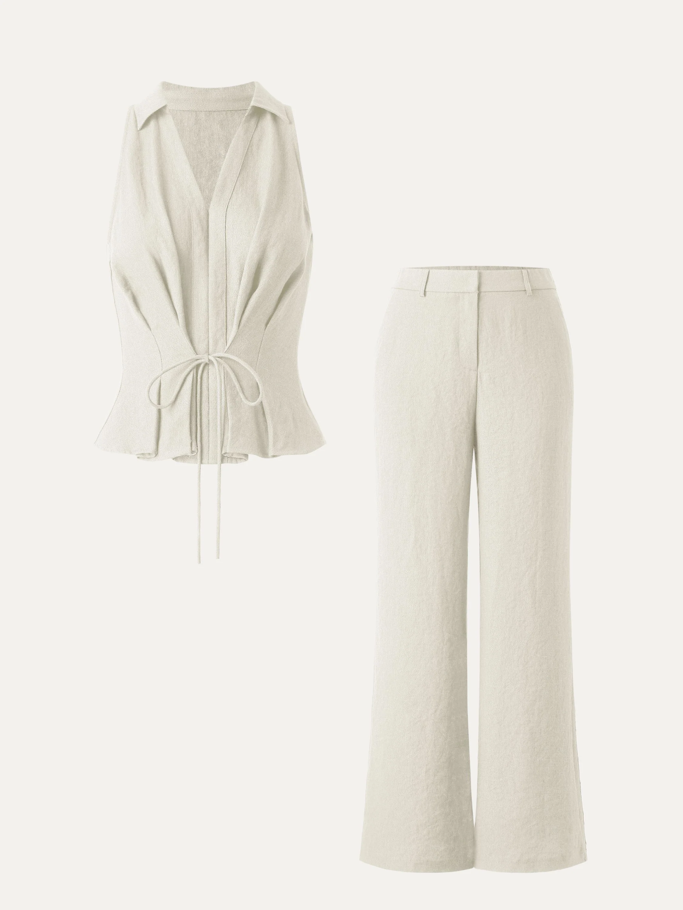 2Pcs Set Collared V-neck Sleeveless Top & Mid Rise Flared Pant with Pockets - Image 8