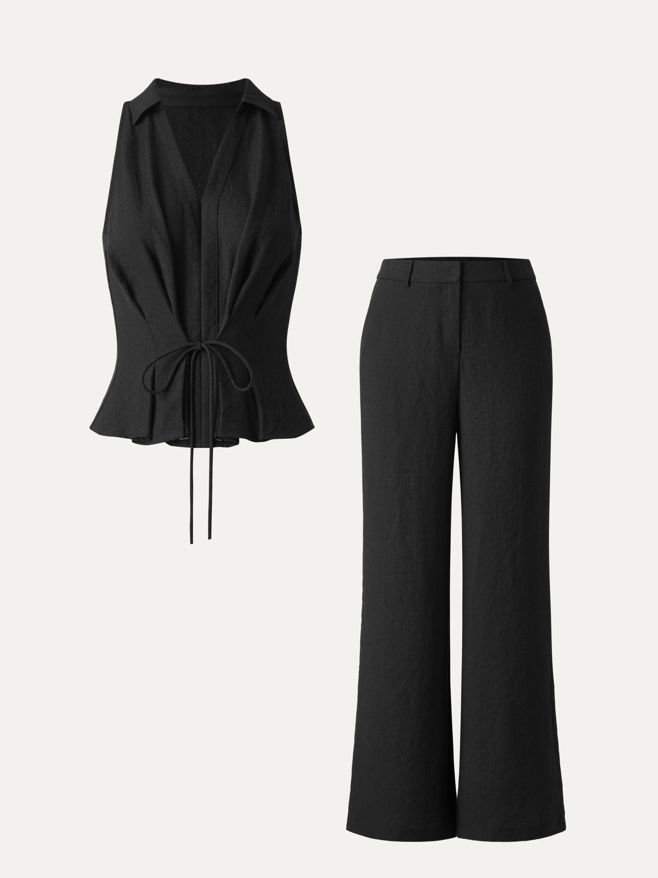 2Pcs Set Collared V-neck Sleeveless Top & Mid Rise Flared Pant with Pockets - Image 9