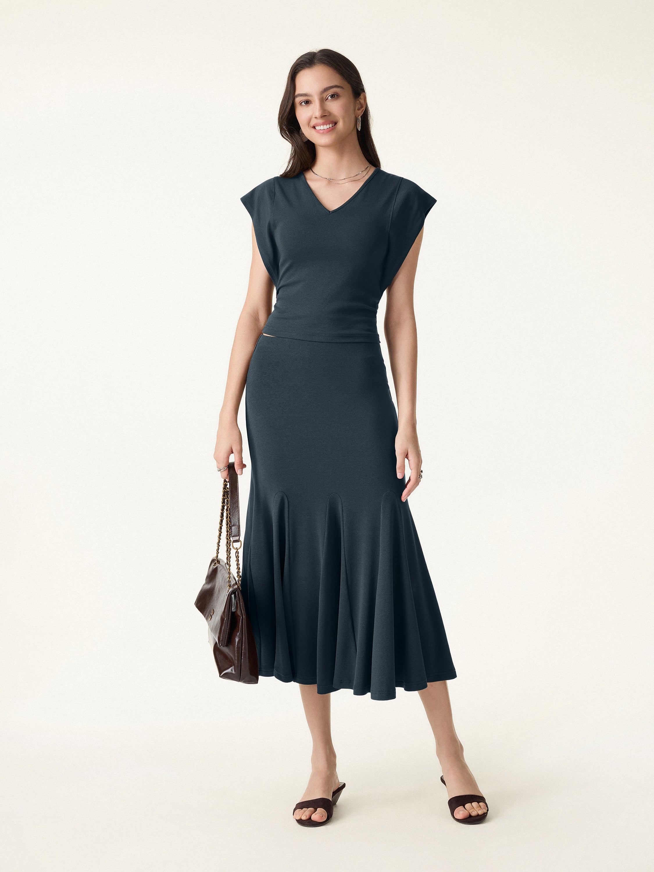 2Pcs Set Cotton Lyocell V-Neck Summer Tee & Flowy Flared Midi Skirt