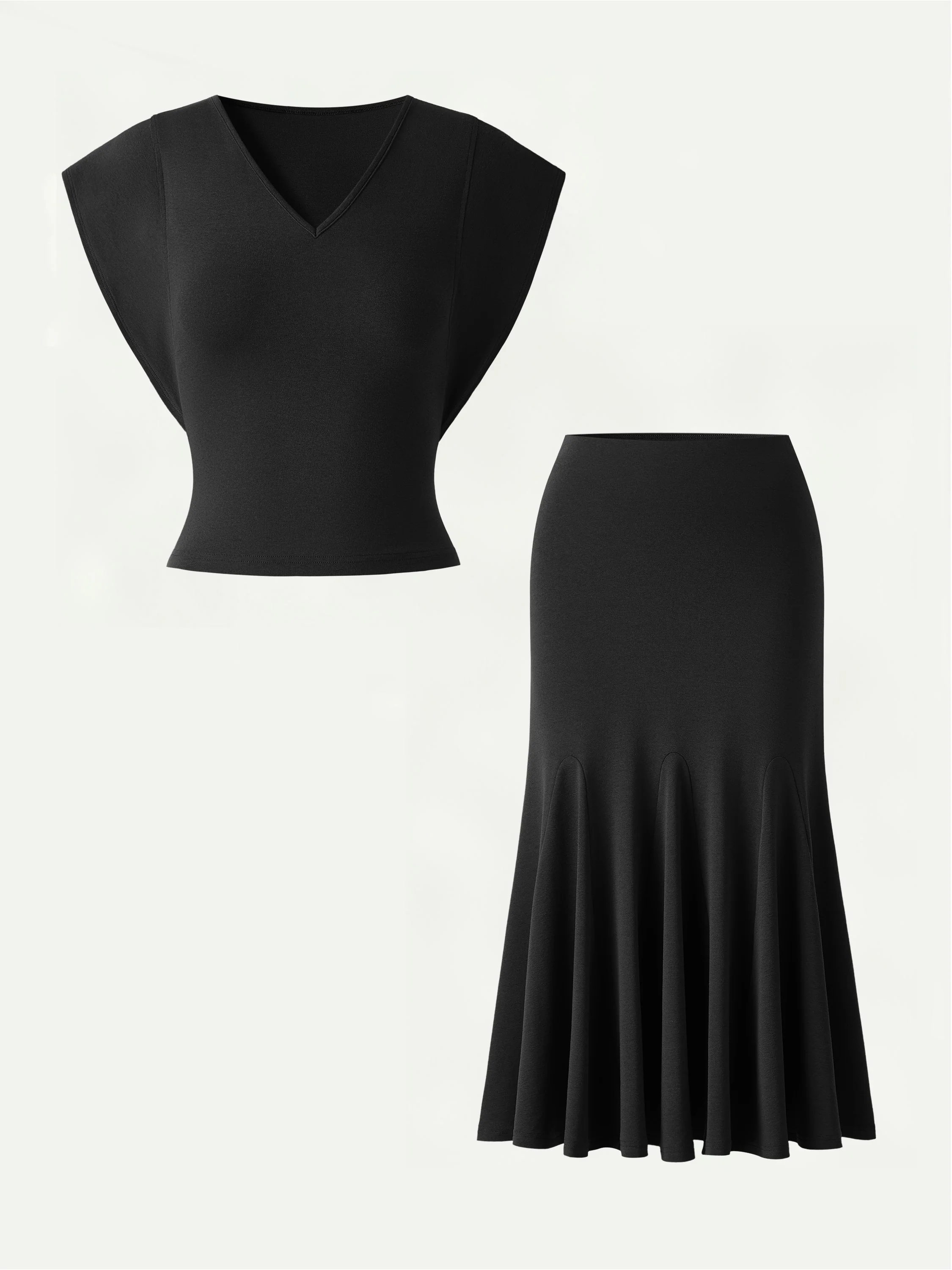 2Pcs Set Cotton Lyocell V-Neck Summer Tee & Flowy Flared Midi Skirt - Image 10