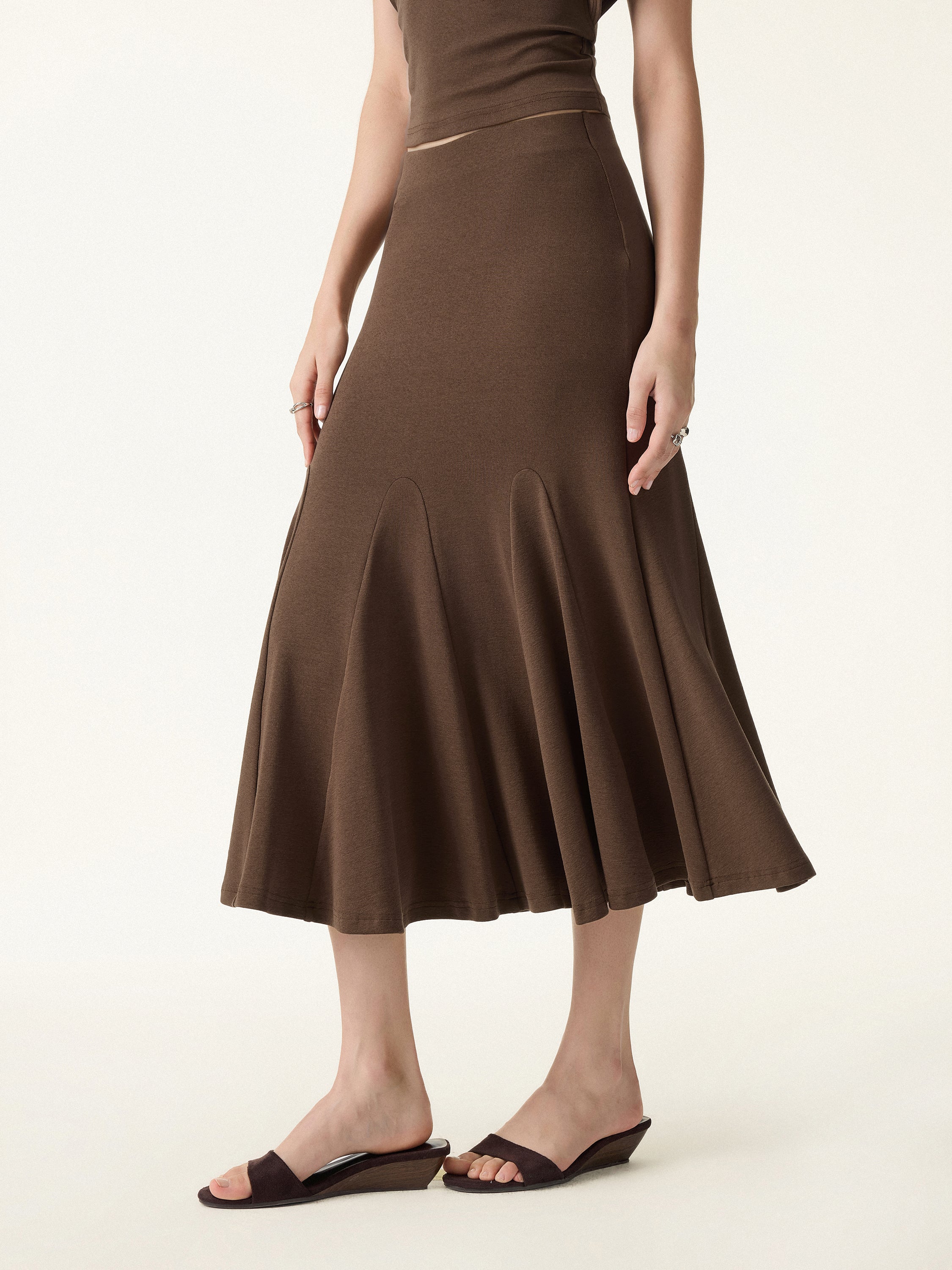 2Pcs Set Cotton Lyocell V-Neck Summer Tee & Flowy Flared Midi Skirt - Image 15