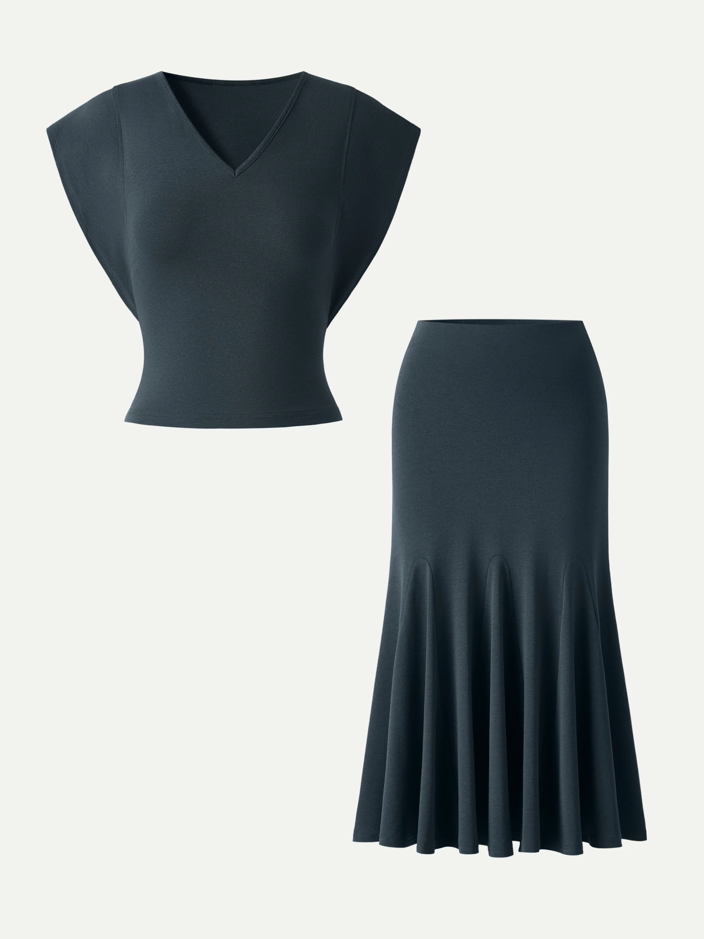2Pcs Set Cotton Lyocell V-Neck Summer Tee & Flowy Flared Midi Skirt - Image 2