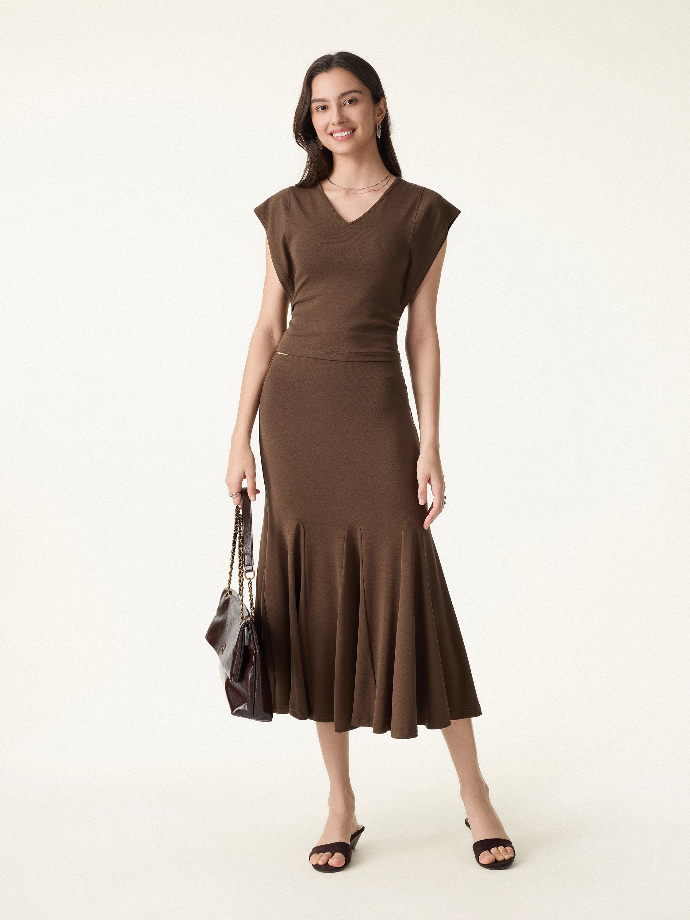 2Pcs Set Cotton Lyocell V-Neck Summer Tee & Flowy Flared Midi Skirt - Image 3
