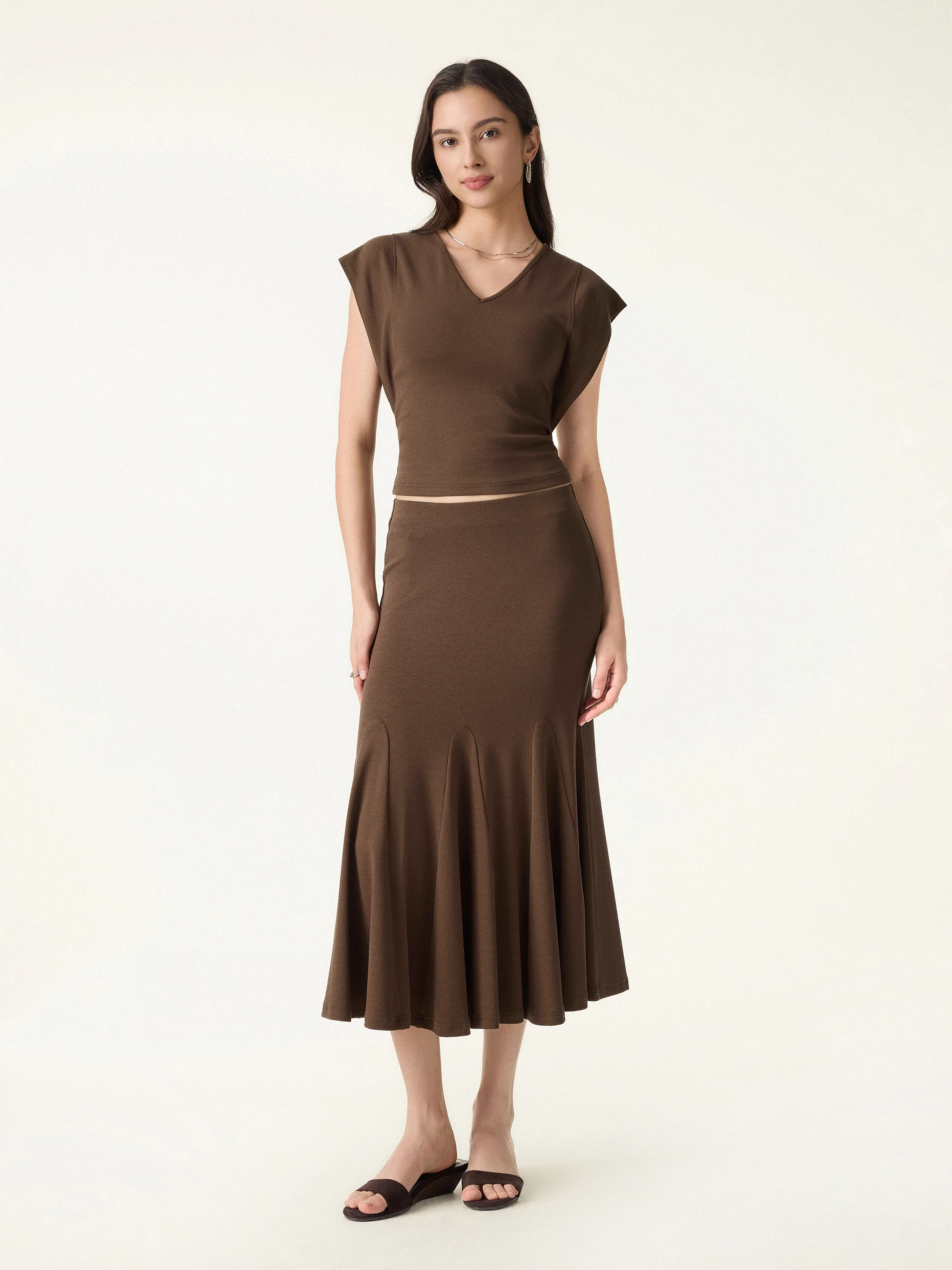 2Pcs Set Cotton Lyocell V-Neck Summer Tee & Flowy Flared Midi Skirt - Image 4