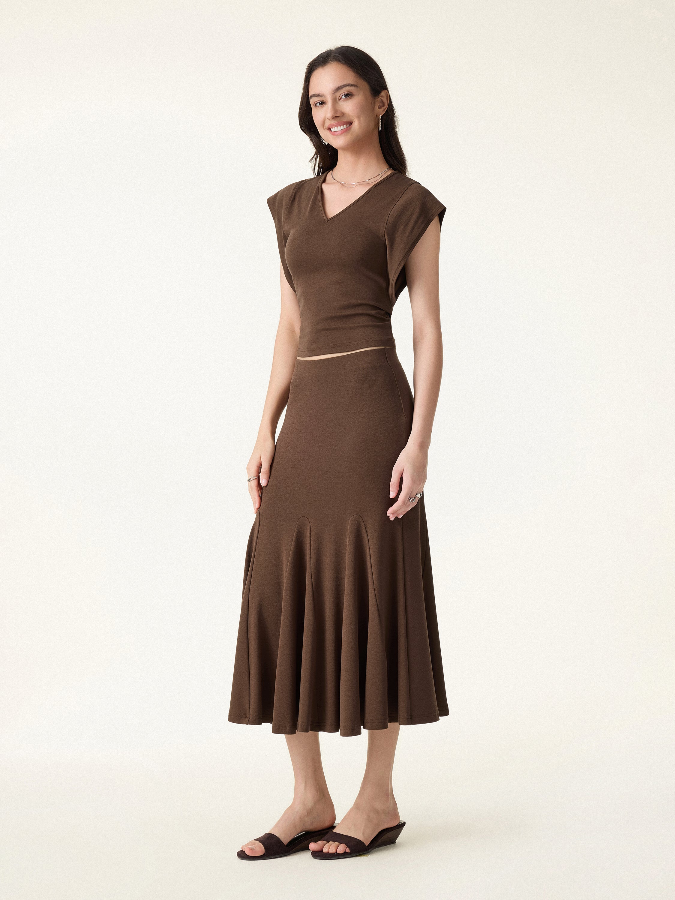 2Pcs Set Cotton Lyocell V-Neck Summer Tee & Flowy Flared Midi Skirt - Image 5