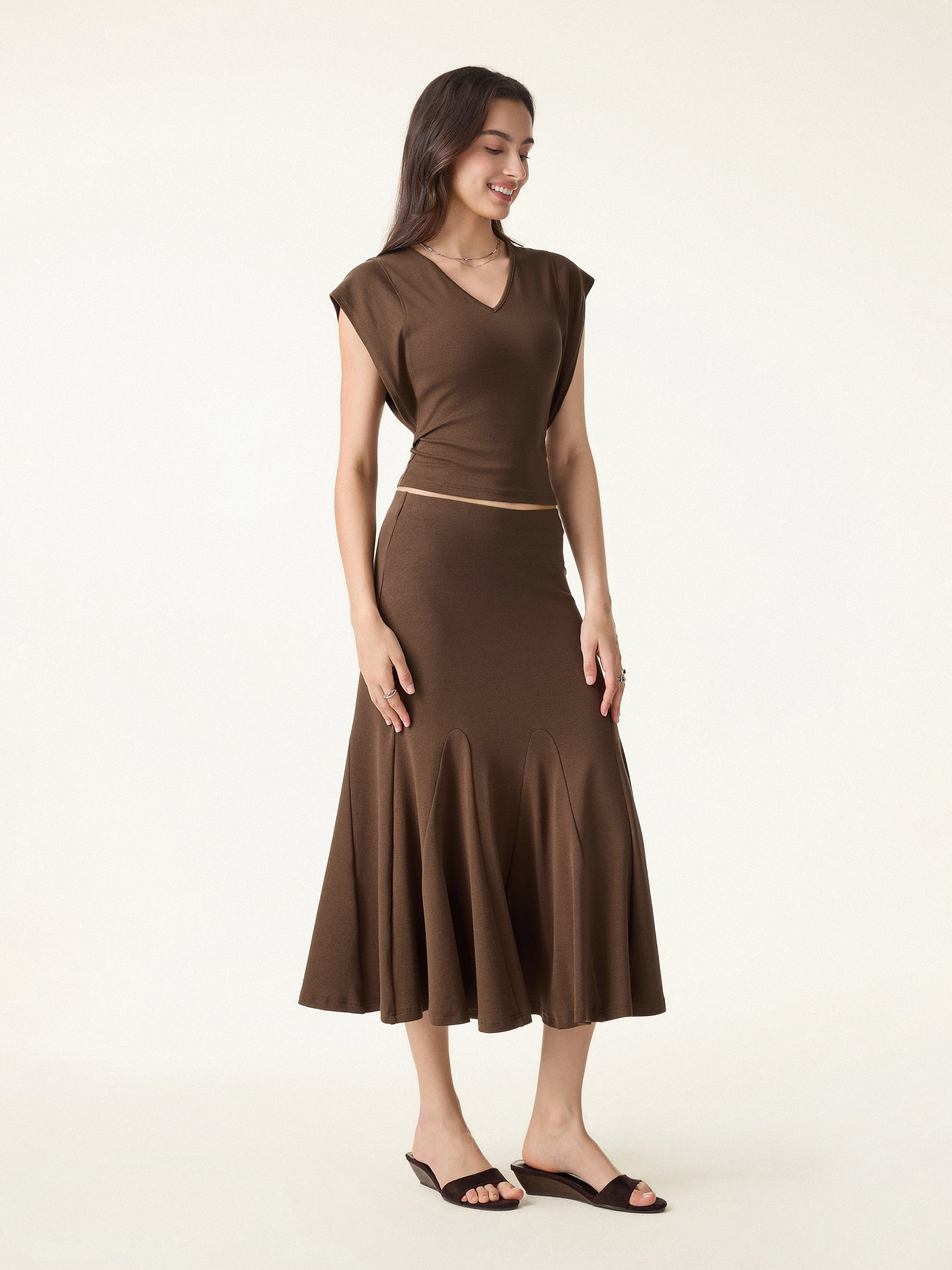 2Pcs Set Cotton Lyocell V-Neck Summer Tee & Flowy Flared Midi Skirt - Image 6