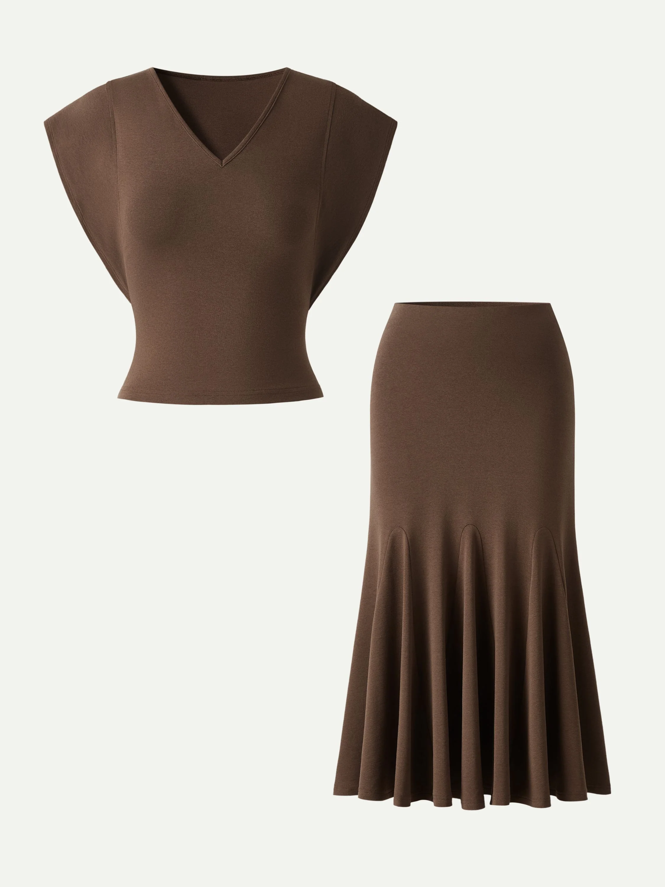 2Pcs Set Cotton Lyocell V-Neck Summer Tee & Flowy Flared Midi Skirt - Image 8