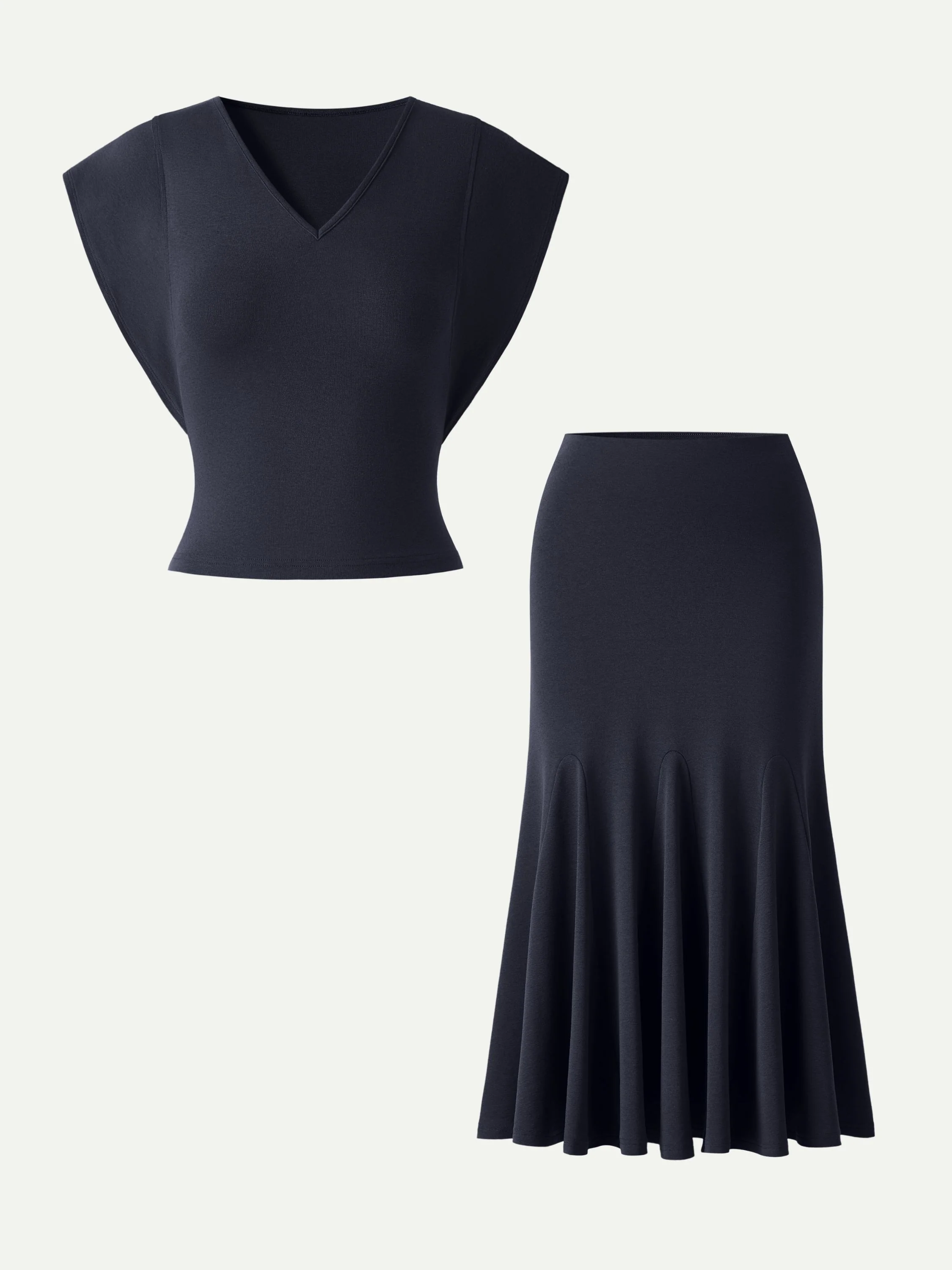2Pcs Set Cotton Lyocell V-Neck Summer Tee & Flowy Flared Midi Skirt - Image 9