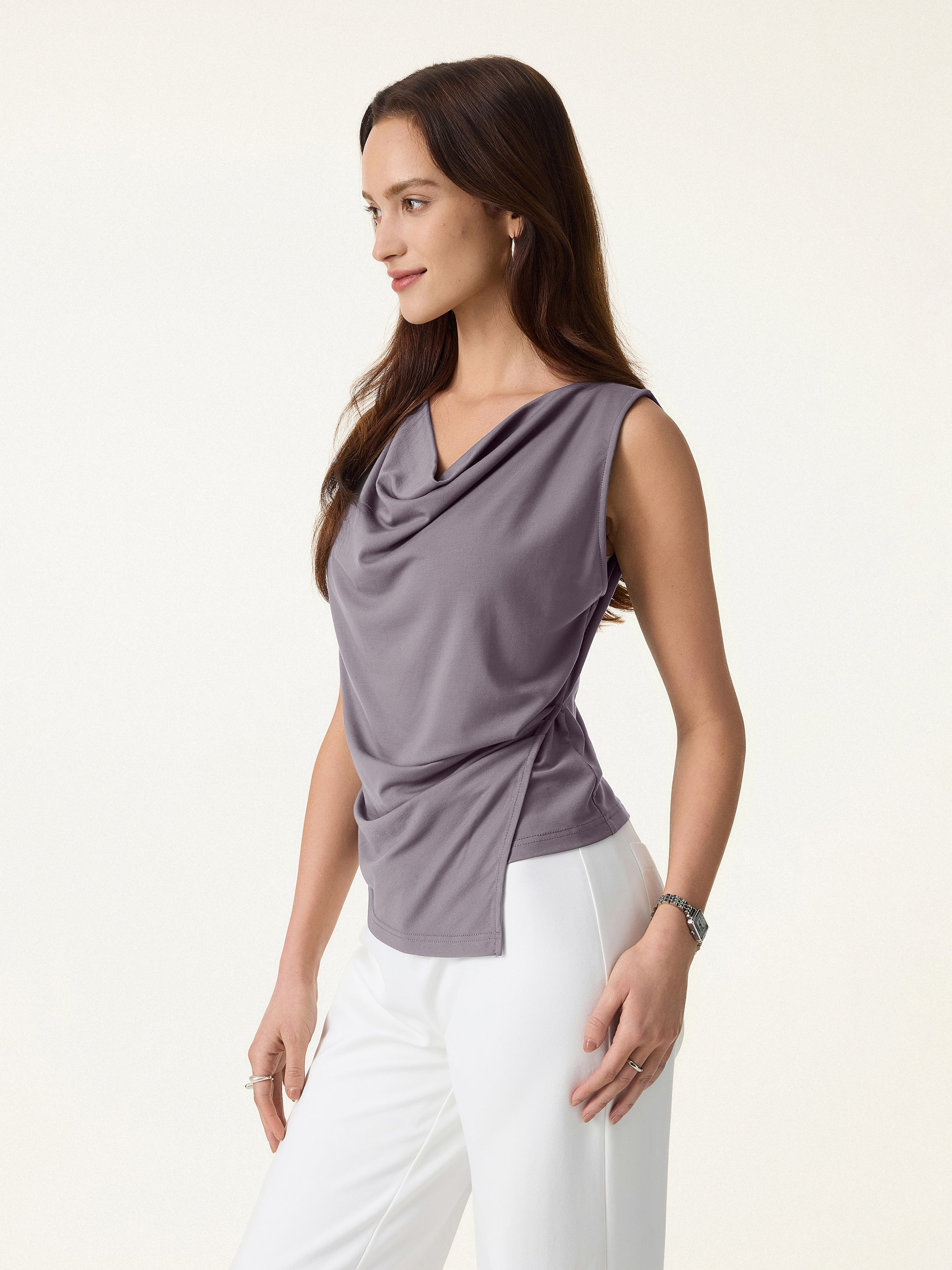 Cowl Neck Asymmetrical Tucked Sleeveless Top