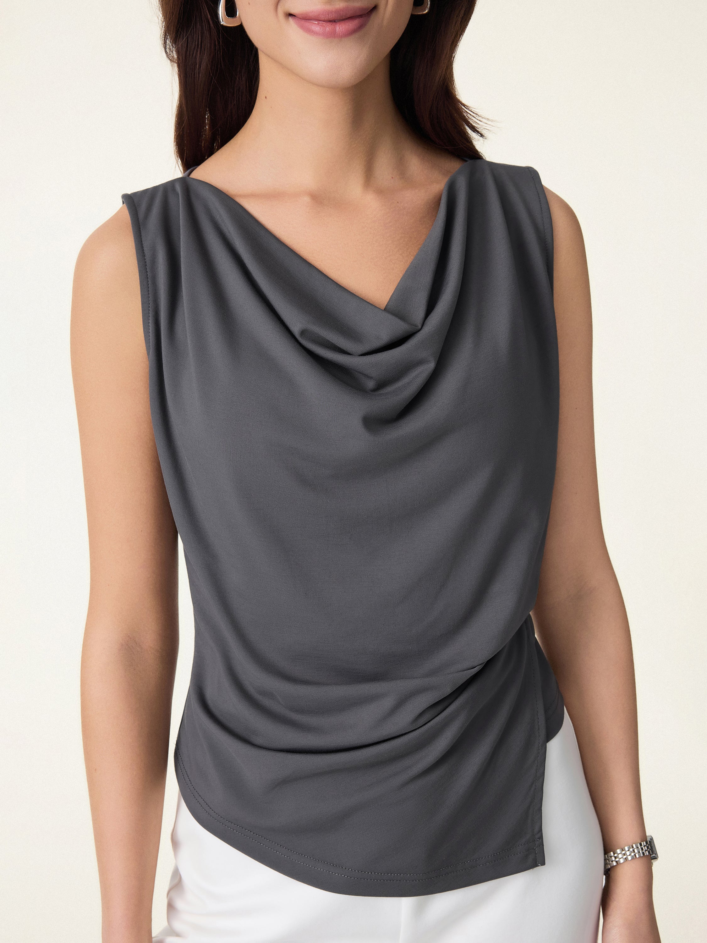Cowl Neck Asymmetrical Tucked Sleeveless Top - Image 6