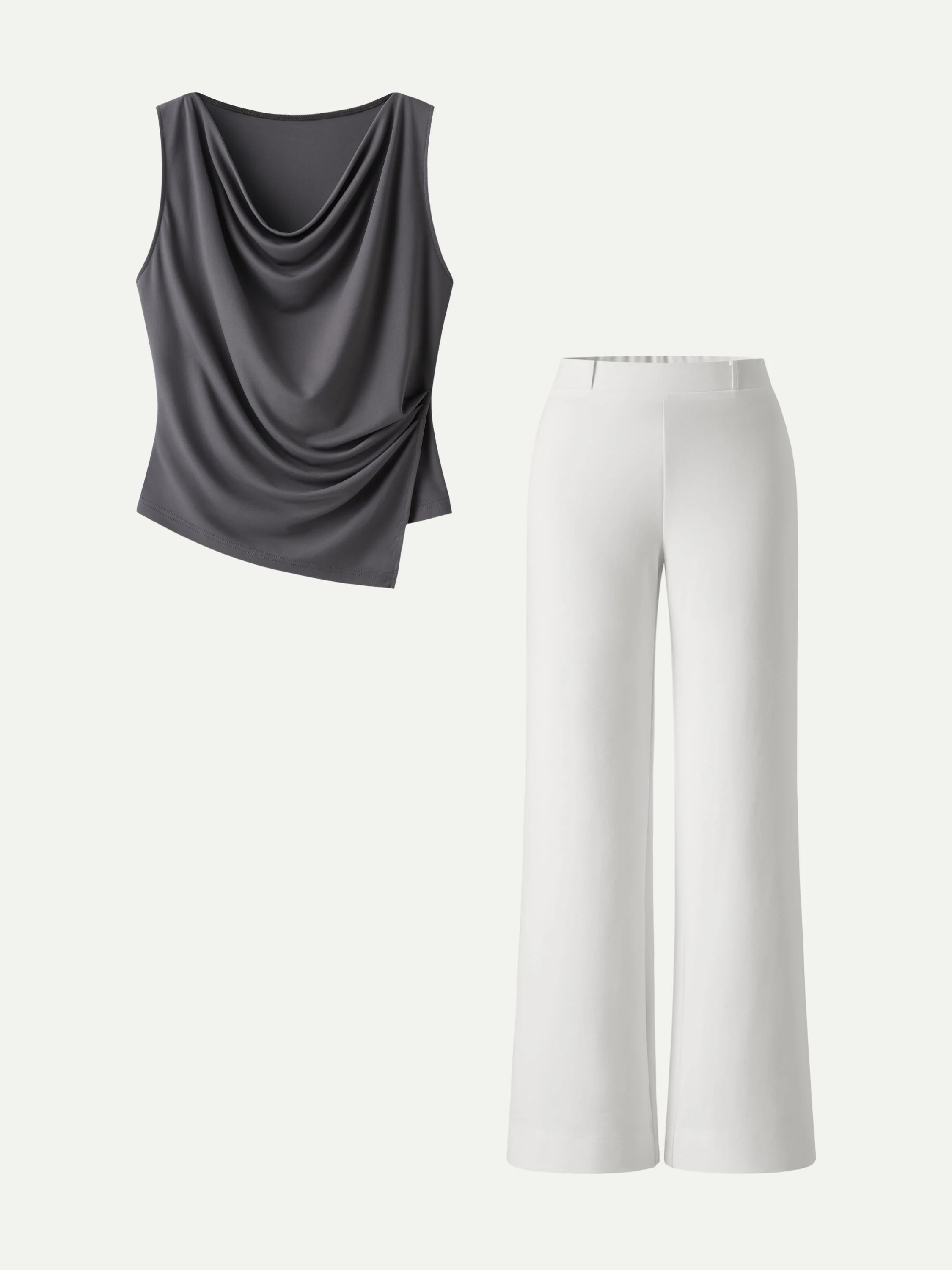 2Pcs Set Cowl Asymmetrical Tucked Top & Wide Leg Pants with Pockets - Image 3