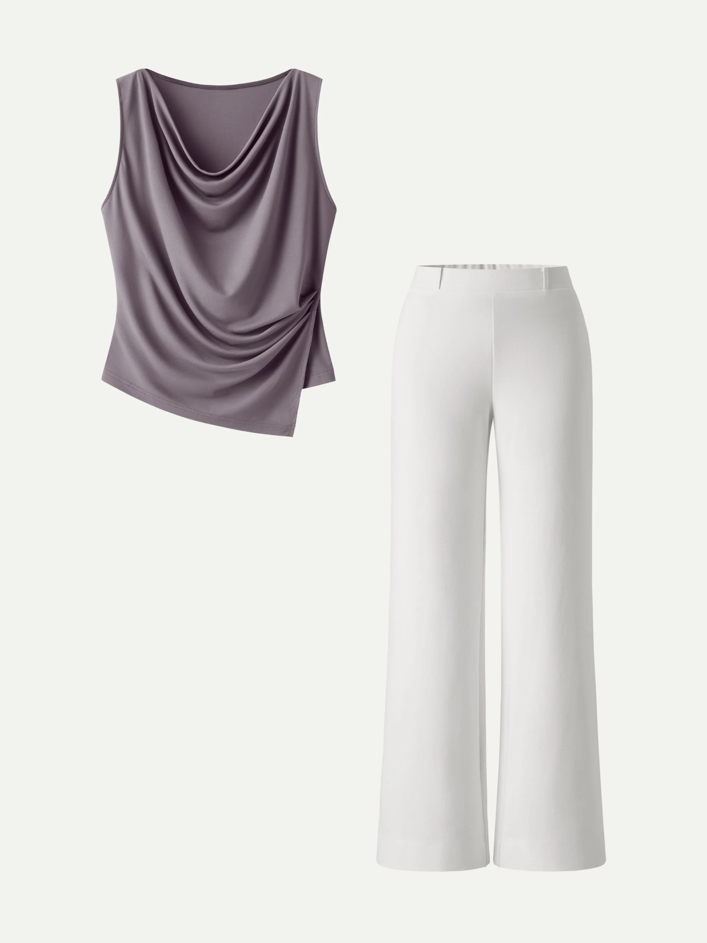 2Pcs Set Cowl Asymmetrical Tucked Top & Wide Leg Pants with Pockets - Image 4