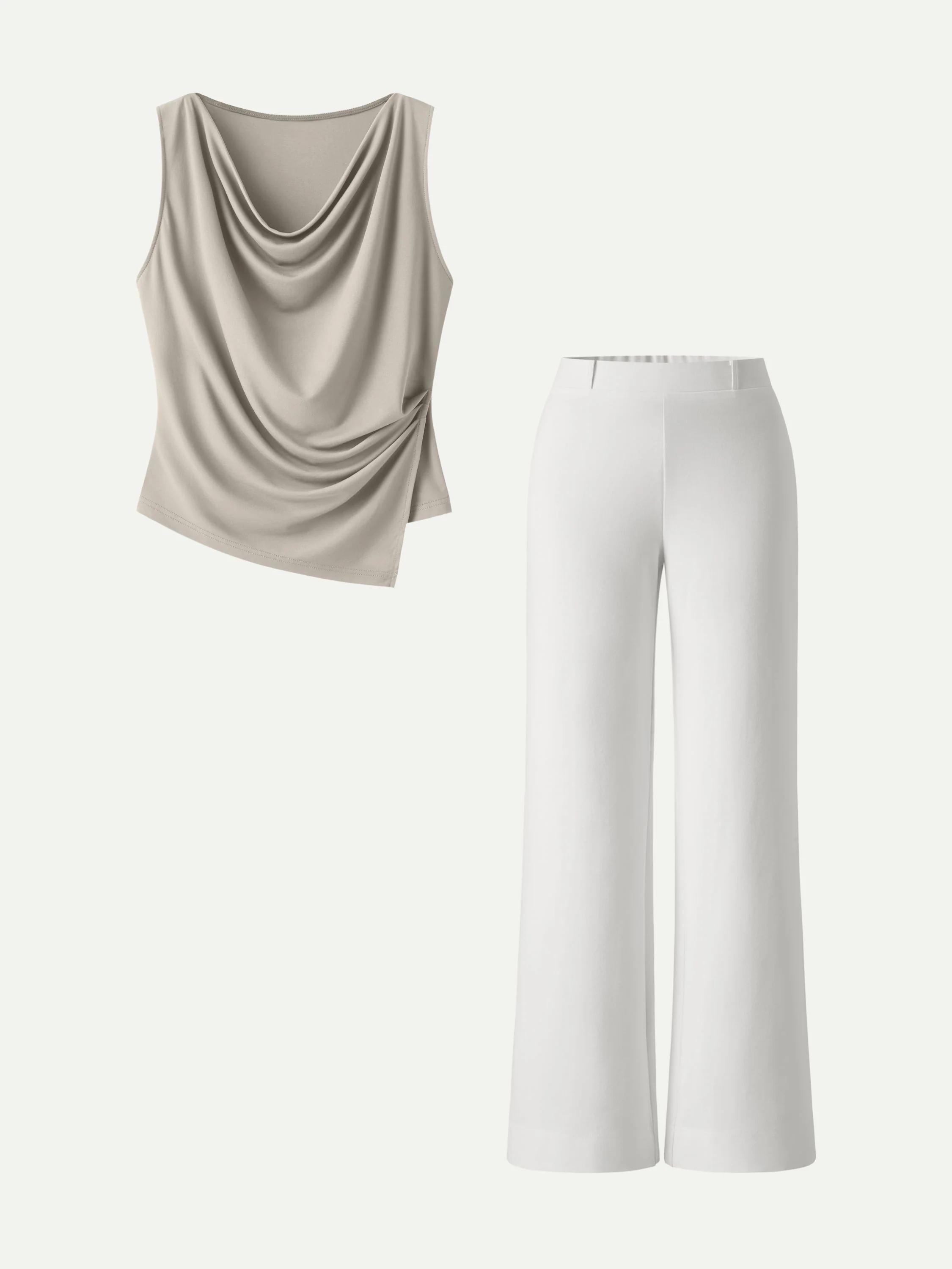 2Pcs Set Cowl Asymmetrical Tucked Top & Wide Leg Pants with Pockets - Image 5