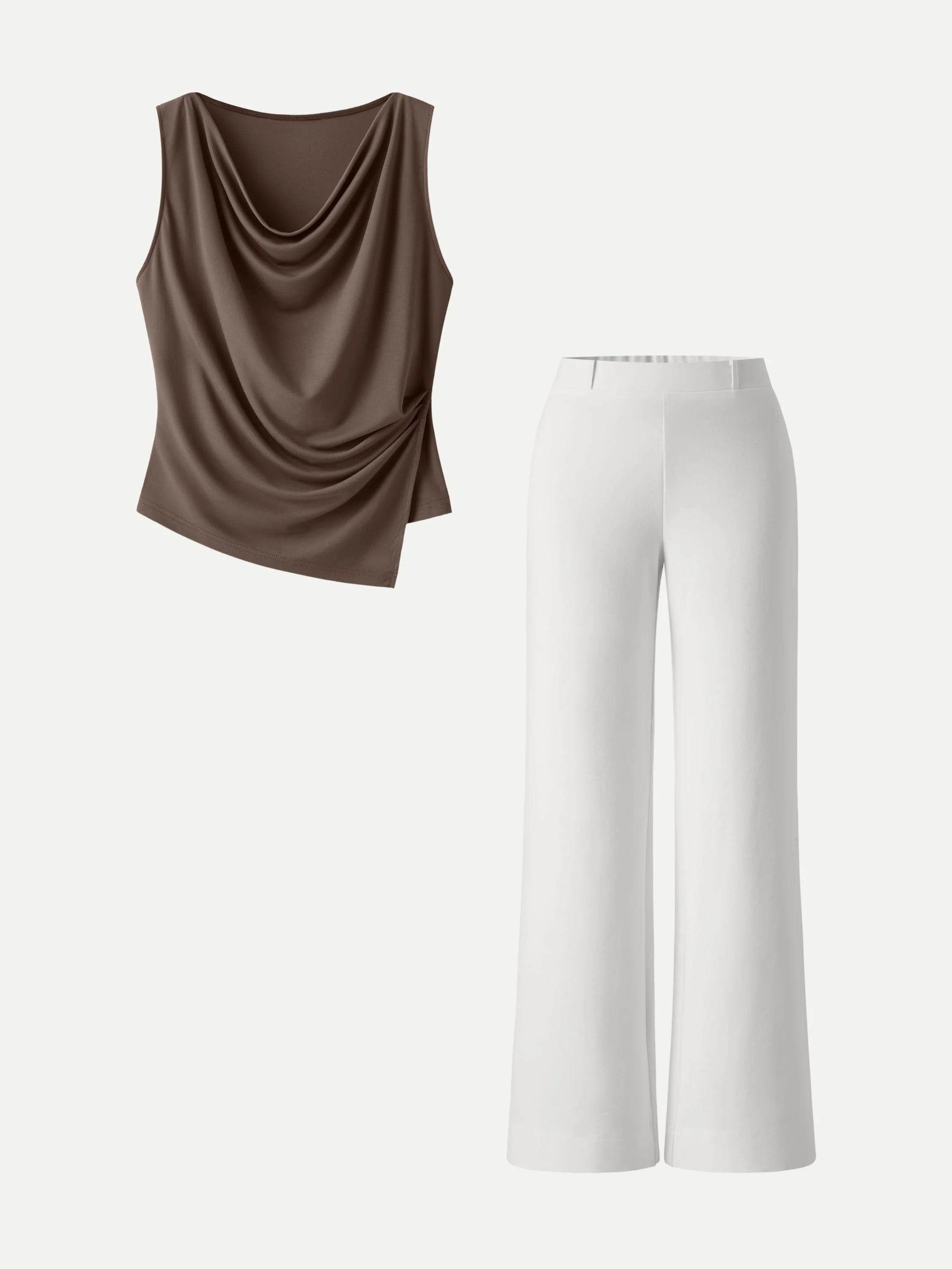 2Pcs Set Cowl Asymmetrical Tucked Top & Wide Leg Pants with Pockets - Image 6