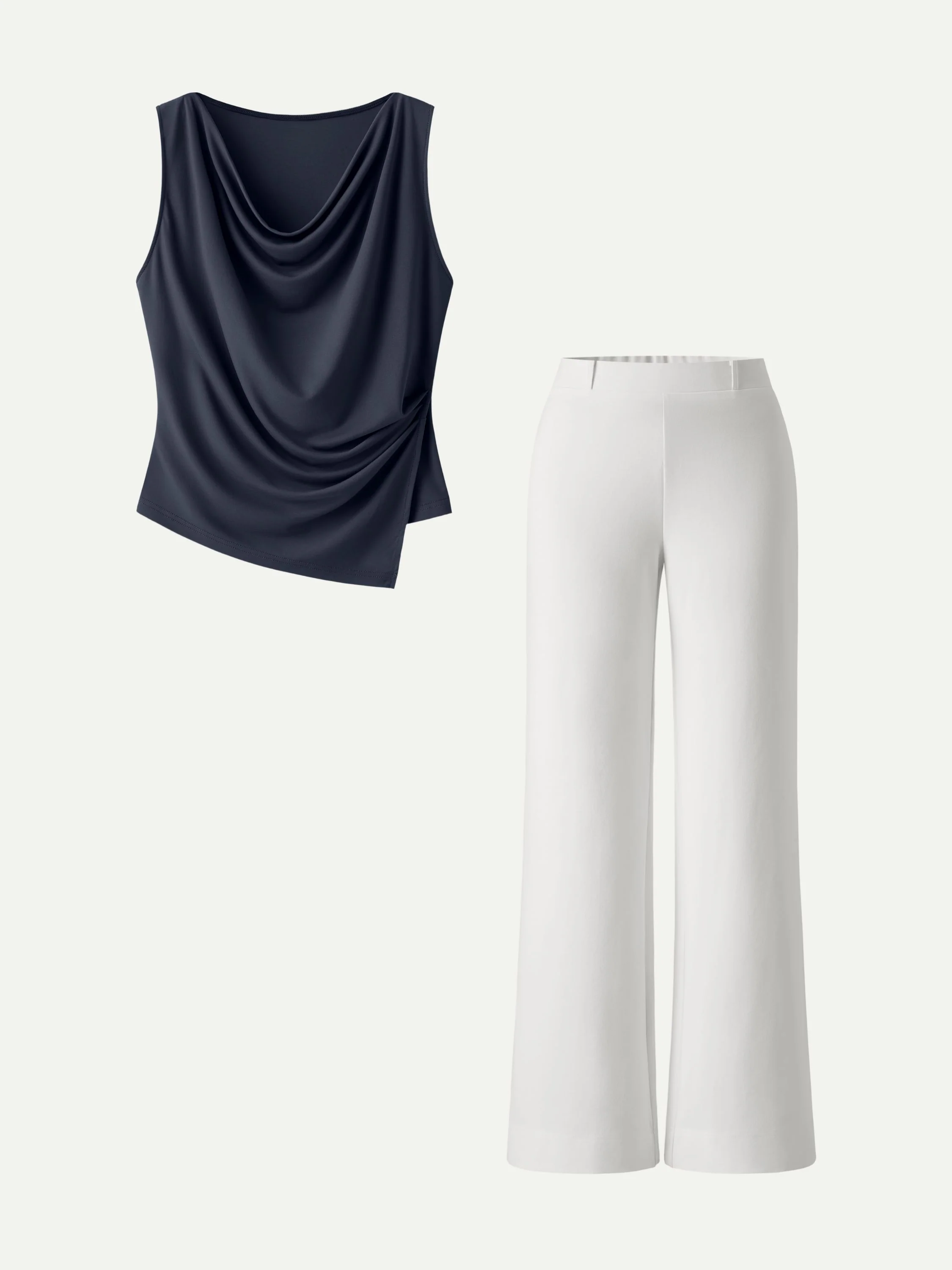 2Pcs Set Cowl Asymmetrical Tucked Top & Wide Leg Pants with Pockets - Image 7