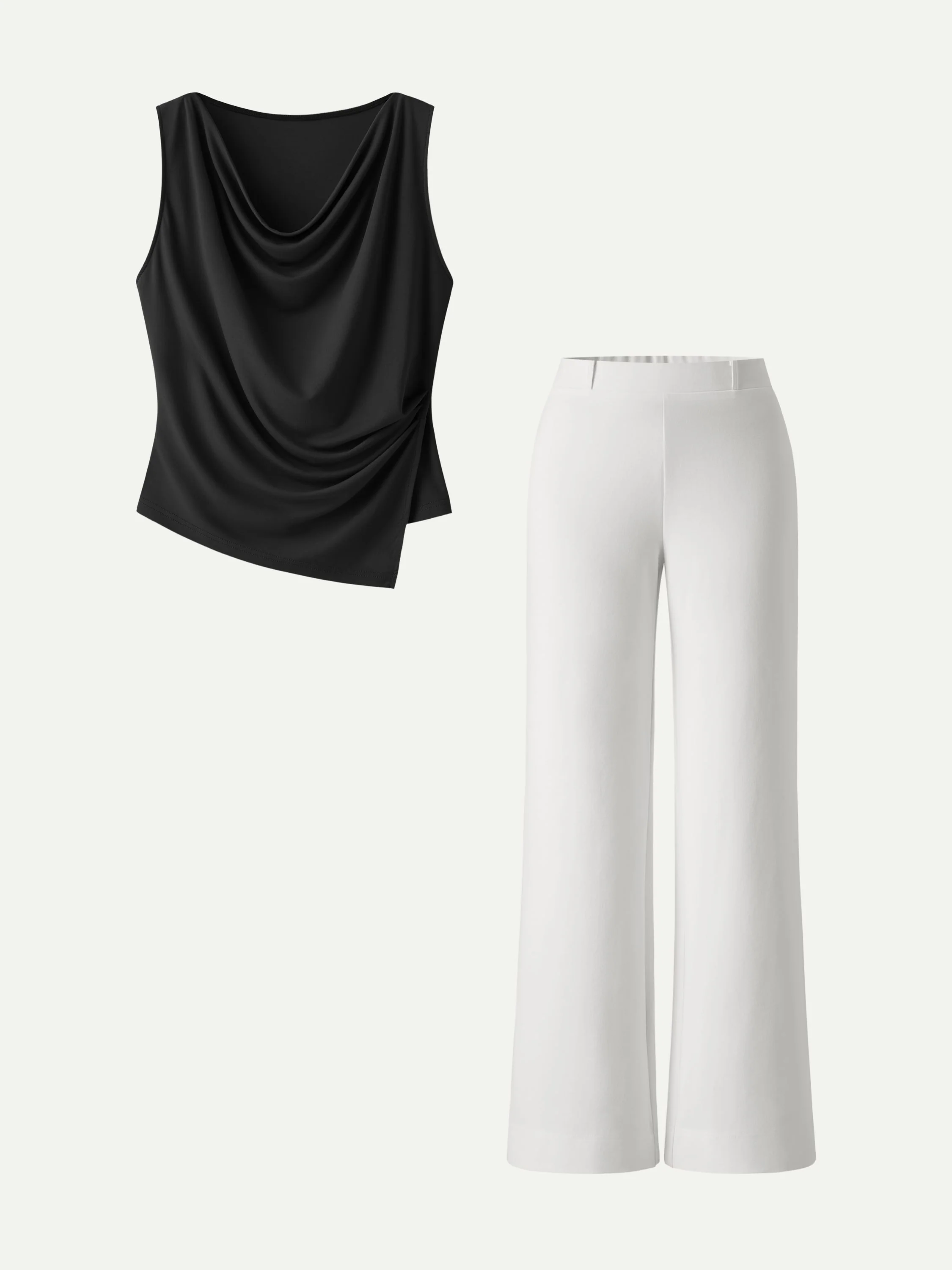 2Pcs Set Cowl Asymmetrical Tucked Top & Wide Leg Pants with Pockets - Image 8