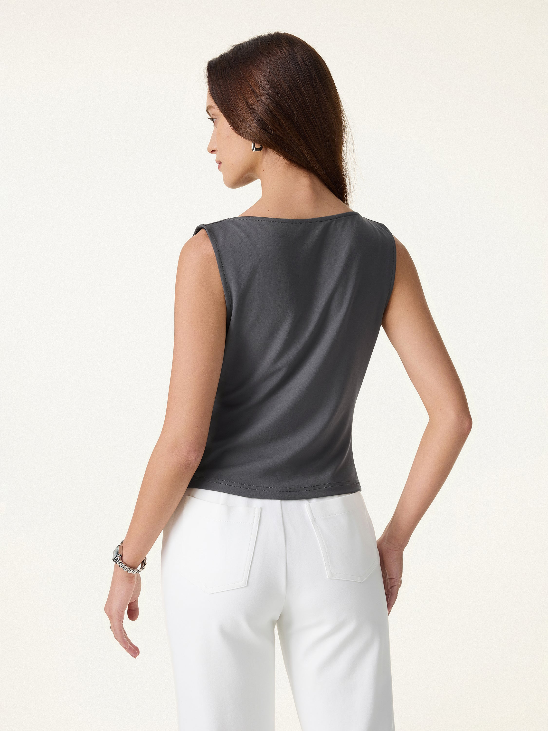 Cowl Neck Asymmetrical Tucked Sleeveless Top - Image 8