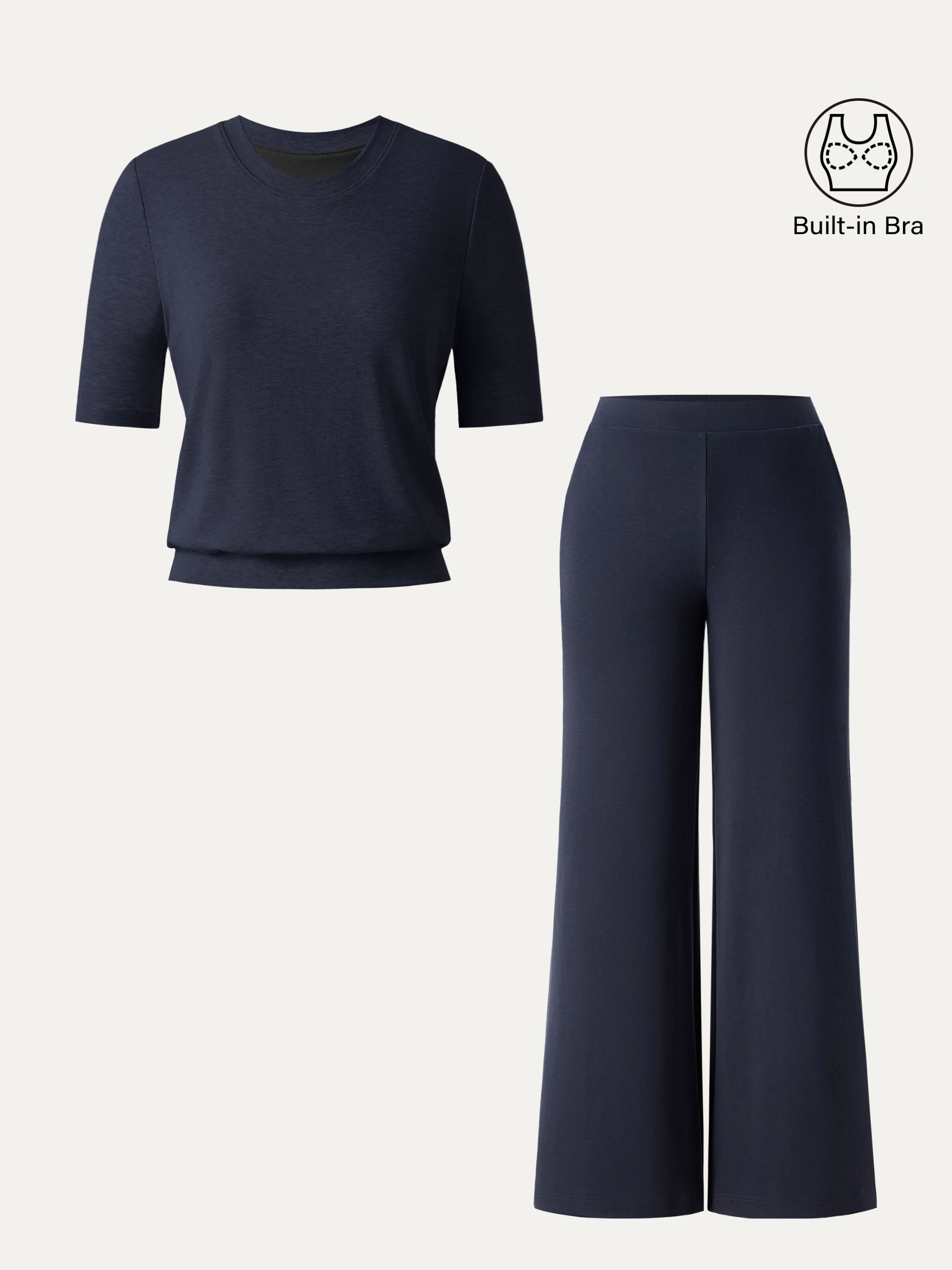 2Pcs Set Petite Mid Rise Wide Leg Pants with Pockets & Crewneck Bra Top with Banded Hem - Image 2