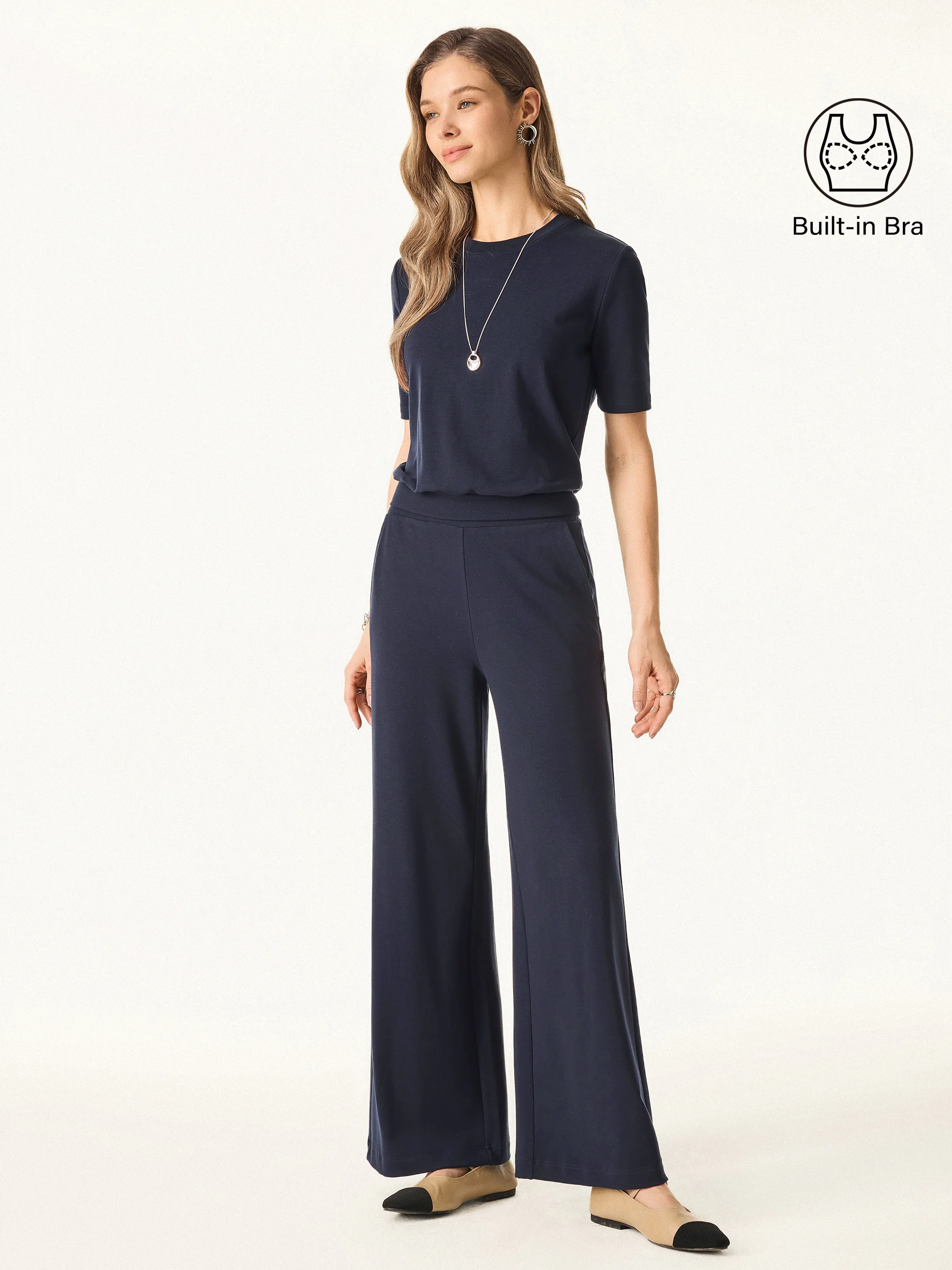 2Pcs Set Petite Mid Rise Wide Leg Pants with Pockets & Crewneck Bra Top with Banded Hem - Image 3